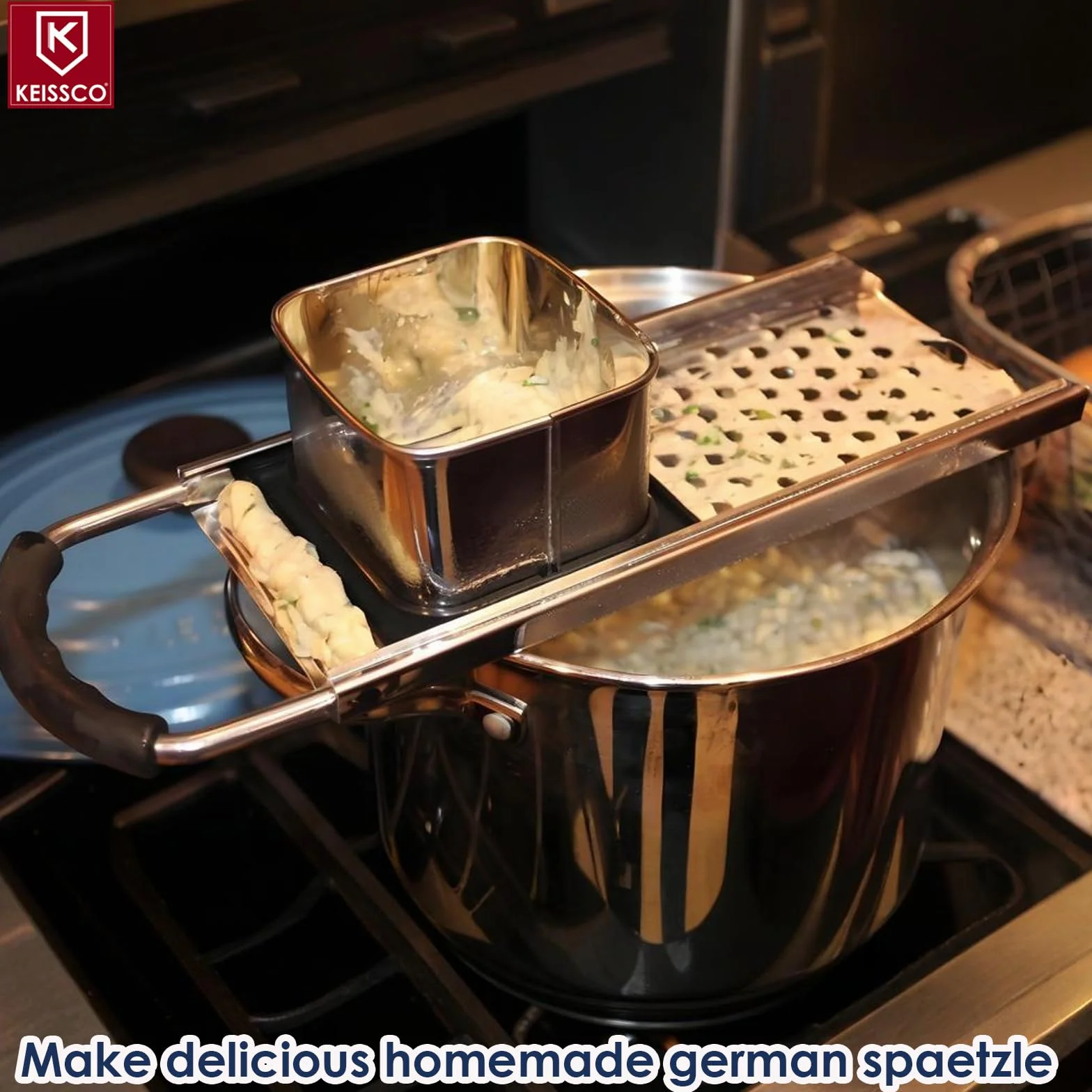 Spaetzle de acero inoxidable de grado premium con mango de agarre cómodo, cuchara de acero inoxidable con cepillo de limpieza, juego de herramientas para hacer bolas de masa hervida alemanas caseras
