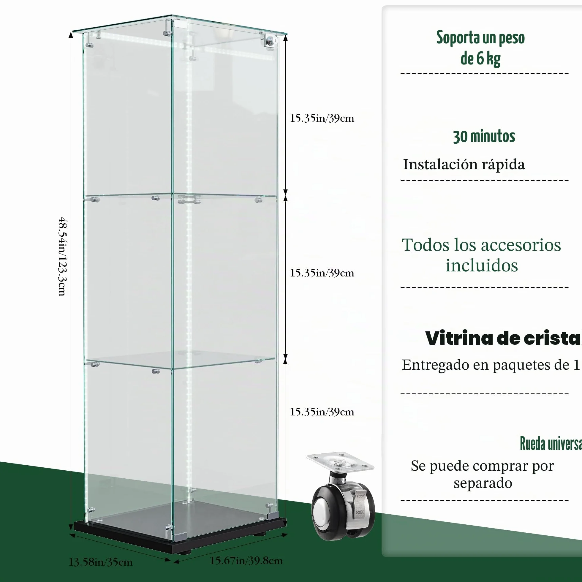 vitrina de cristal con LED, armario para colección transparente, mueble de cristal con 1 puerta y cerradura, 3 estantes, 123x40x35 cm, negro