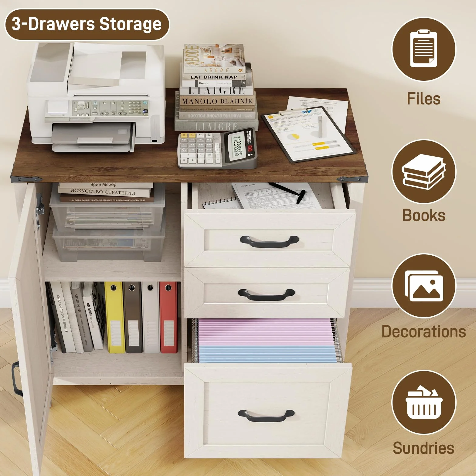 BonVache Archivador Lateral con 3 Cajones, Mueble de Almacenamiento para Oficina Estilo Campestre, Soporte para Impresora, Blanco Rústico para Carpetas Colgantes A4/Letter, 80 cm