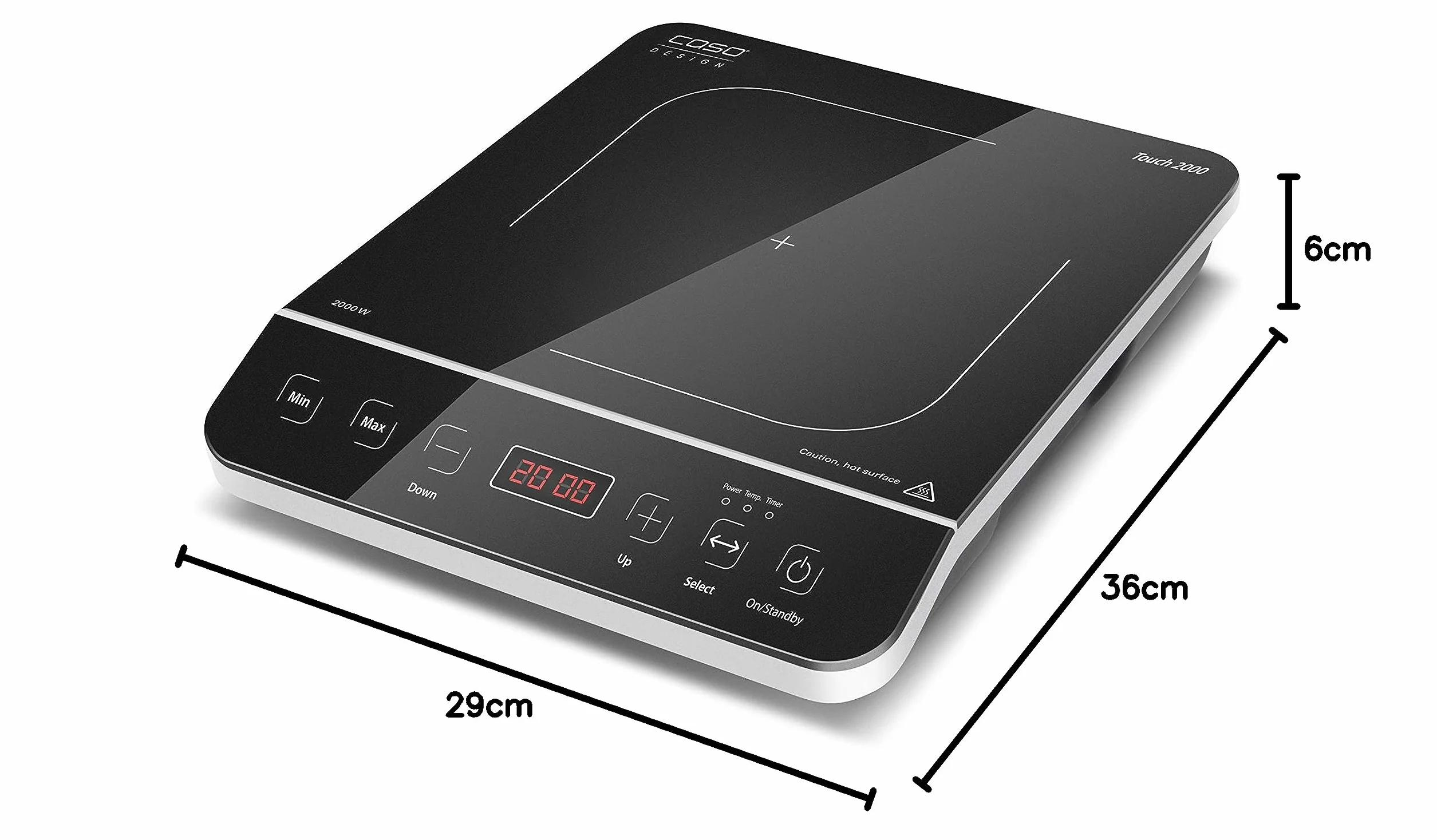 CASO Touch 2000 - Placa de inducción individual, 2000 W, detección automática de ollas, 10 niveles de temperatura, 10 niveles de potencia, temporizador hasta 180 min, superficie vitrocerámica,