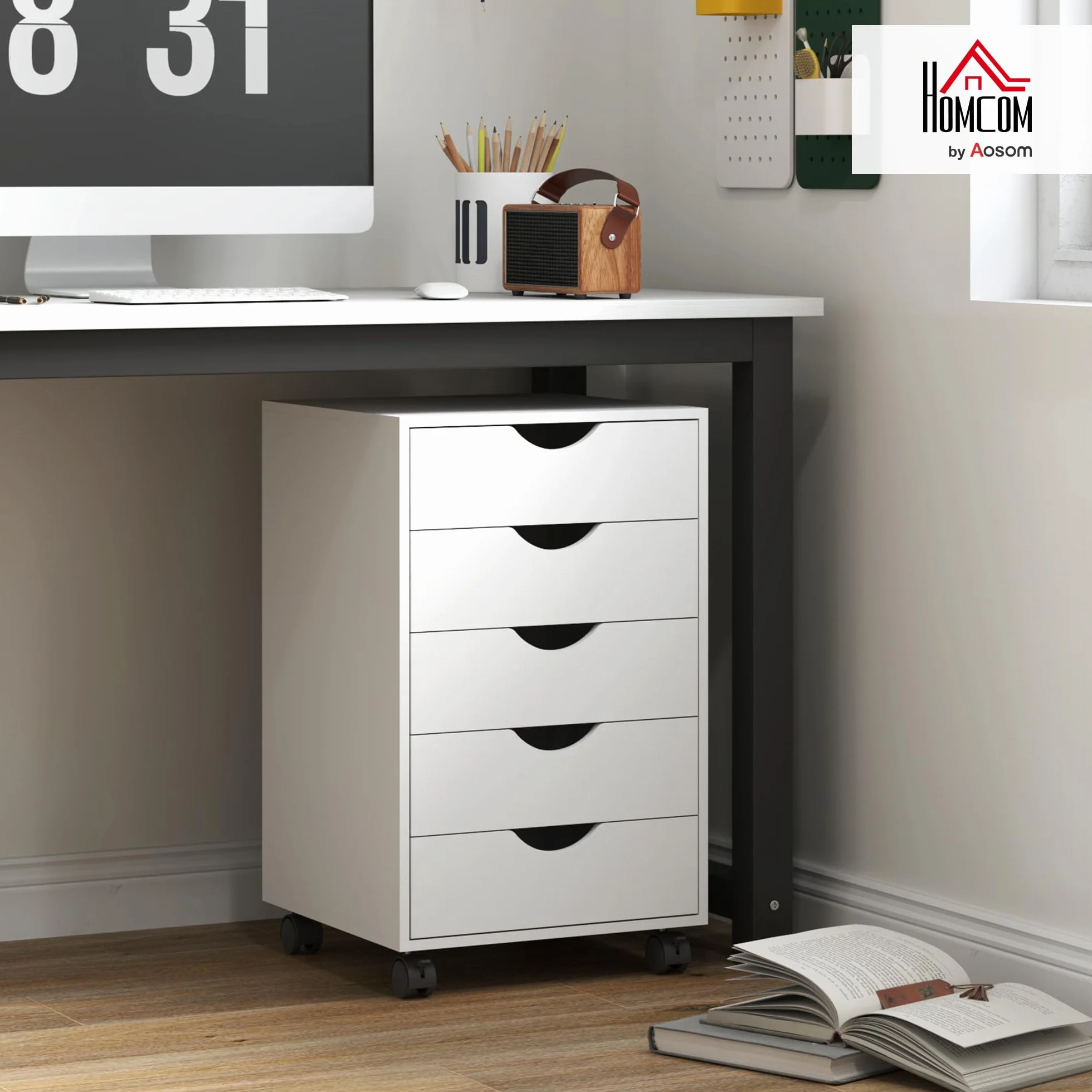 HOMCOM Cajonera Escritorio con Ruedas, Cajonera Oficina con 5 Cajones, Archivador Móvil, para Estudio, Salón, 40x40x67 cm, Blanco