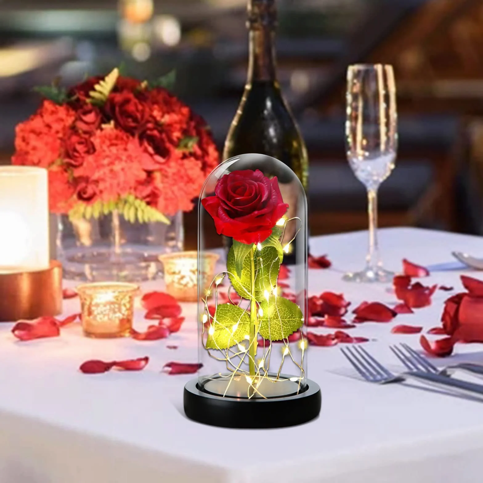 Rosa Eterna Kit Elegante con Cúpula de Cristal Base Pino Luces LED Tarjeta de Felicitación Bella y Bestia