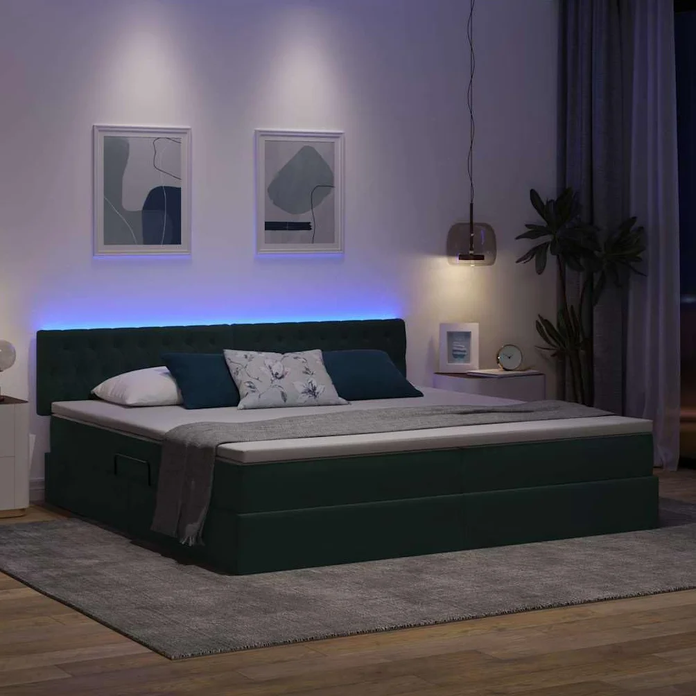 Estructura de cama con espacio de almacenamiento y LED verde oscuro, 200 x 200 cm, terciopelo, con somier y cabecero, mecanismo de elevación hidráulico, doble con tira LED RGB alimentada por