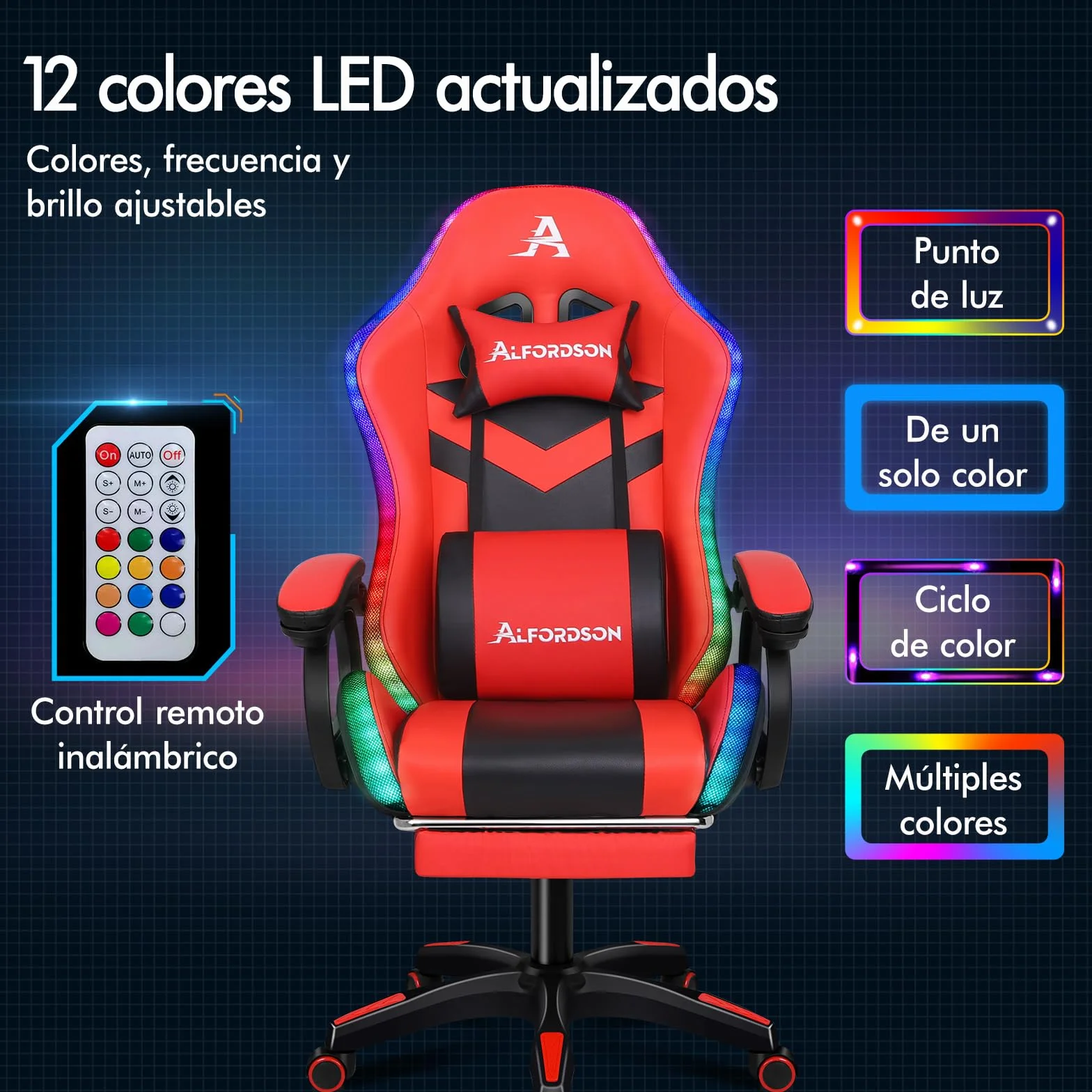 ALFORDSON Silla Gaming con Masaje y LED, Silla Gamer Ergonómica con Cojín Lumbar y Cervical, Reposapiés Telescópico, Iluminación para Ordenador, Videojuego, Juegos, Oficina, Cuero PU(Roja)