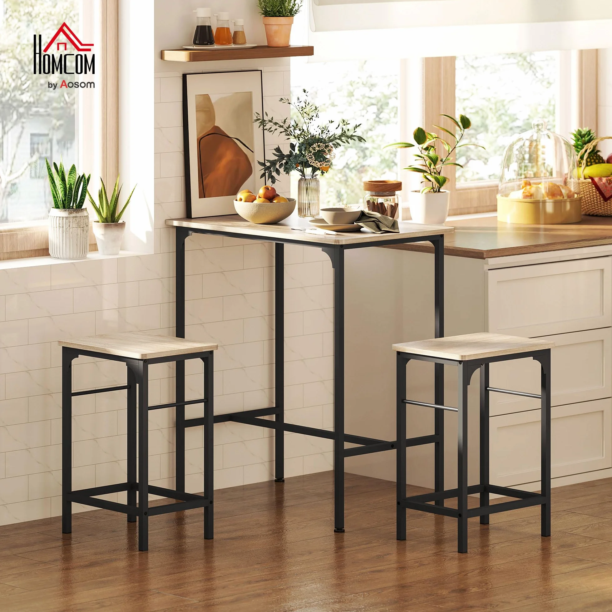 HOMCOM Conjunto de Mesa de Bar con 2 Taburetes, Marco de Acero, Efecto Madera Natural para Cocina y Comedor