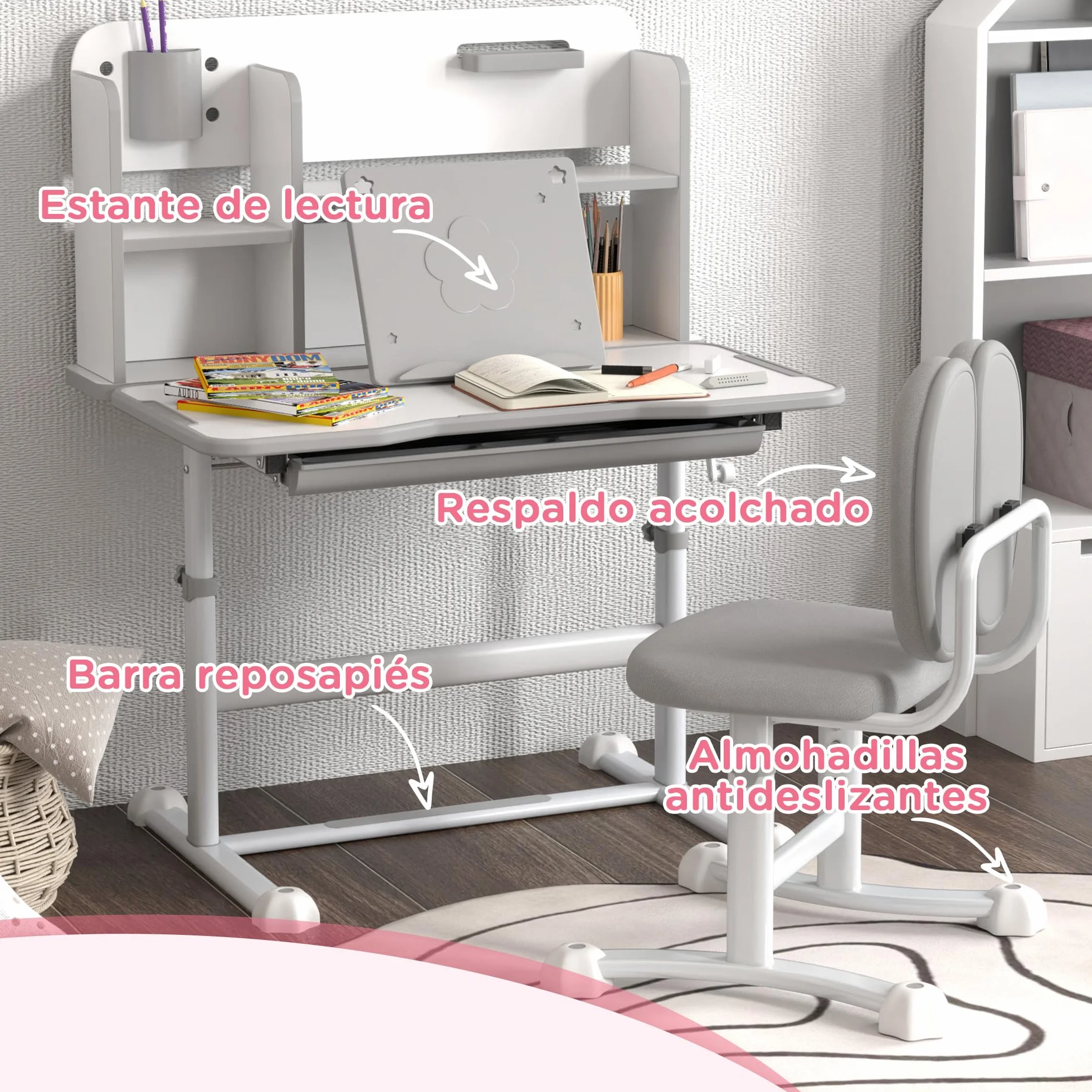AIYAPLAY Pupitre Infantil Altura Ajustable con Tablero Inclinable, Cajón y Estantes, 80x55x107,5 cm, Gris