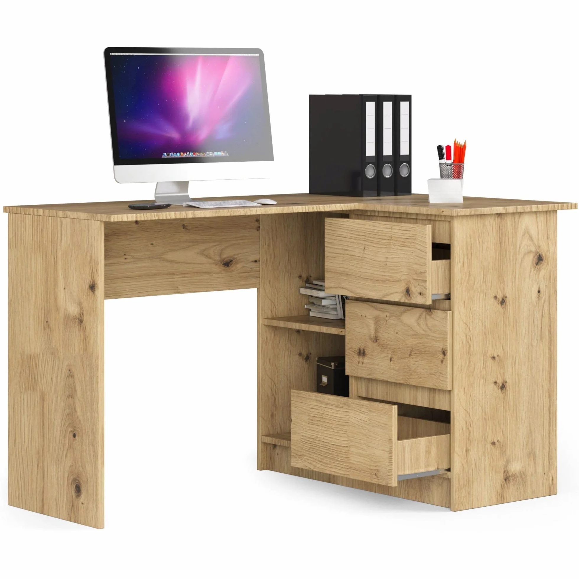 Escritorio esquinero AKORD B16 Roble Artisan 124 cm con lado derecho 3 cajones frente en color Roble Artisan 2 estantes 124x85x77 cm