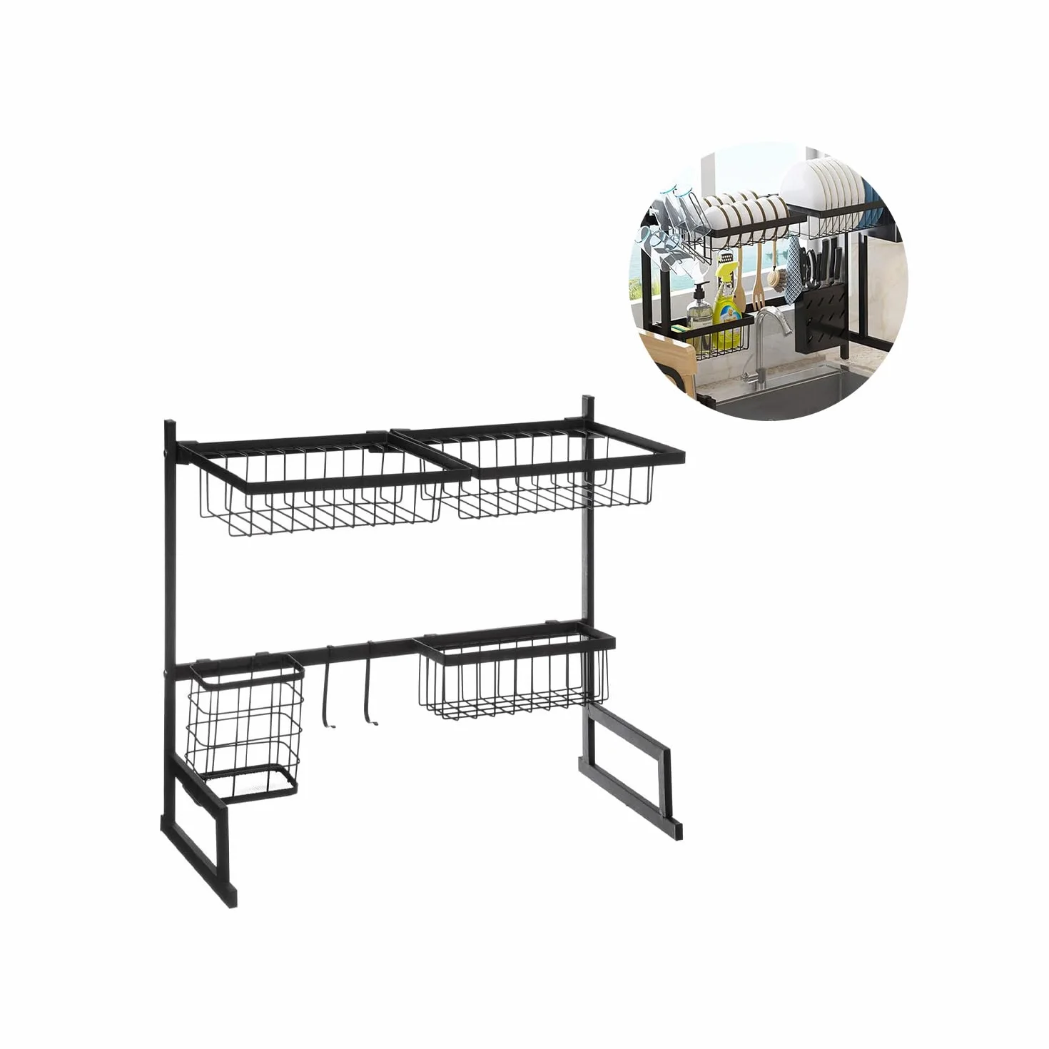 Avilia Organizador para Fregadero con 5 Compartimentos – Escurridor de 2 Niveles con Ganchos para Tazas, de Metal, 8 x 51,5 x 30 cm, Negro