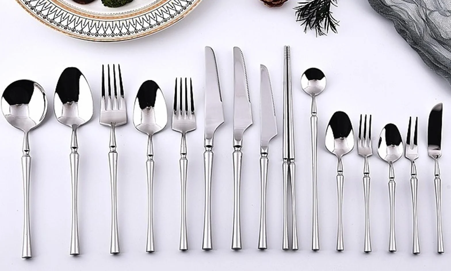 Genérico Juego de Cubiertos Vajilla Platería Mango de Acero Inoxidable, Cubiertos de Plata Juego de Cubiertos, Cubiertos de Acero Inoxidable 304 de 15 Piezas Cuchillo para Carne, Tenedor y Cuchara CU