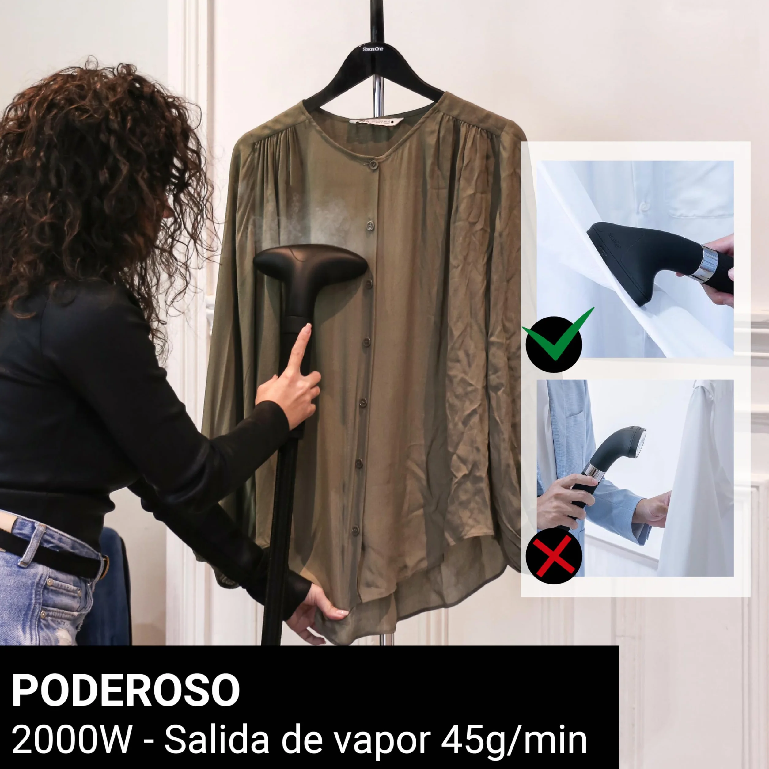 STEAMONE - Plancha de vapor vertical 2000W 45g/min - Autonomía 80min (1,2L) - Cable de 2m - Elimina el 99,99% de las impurezas - Lista en 45s - Intuitivo, compacto, de alto rendimiento - EUES200B