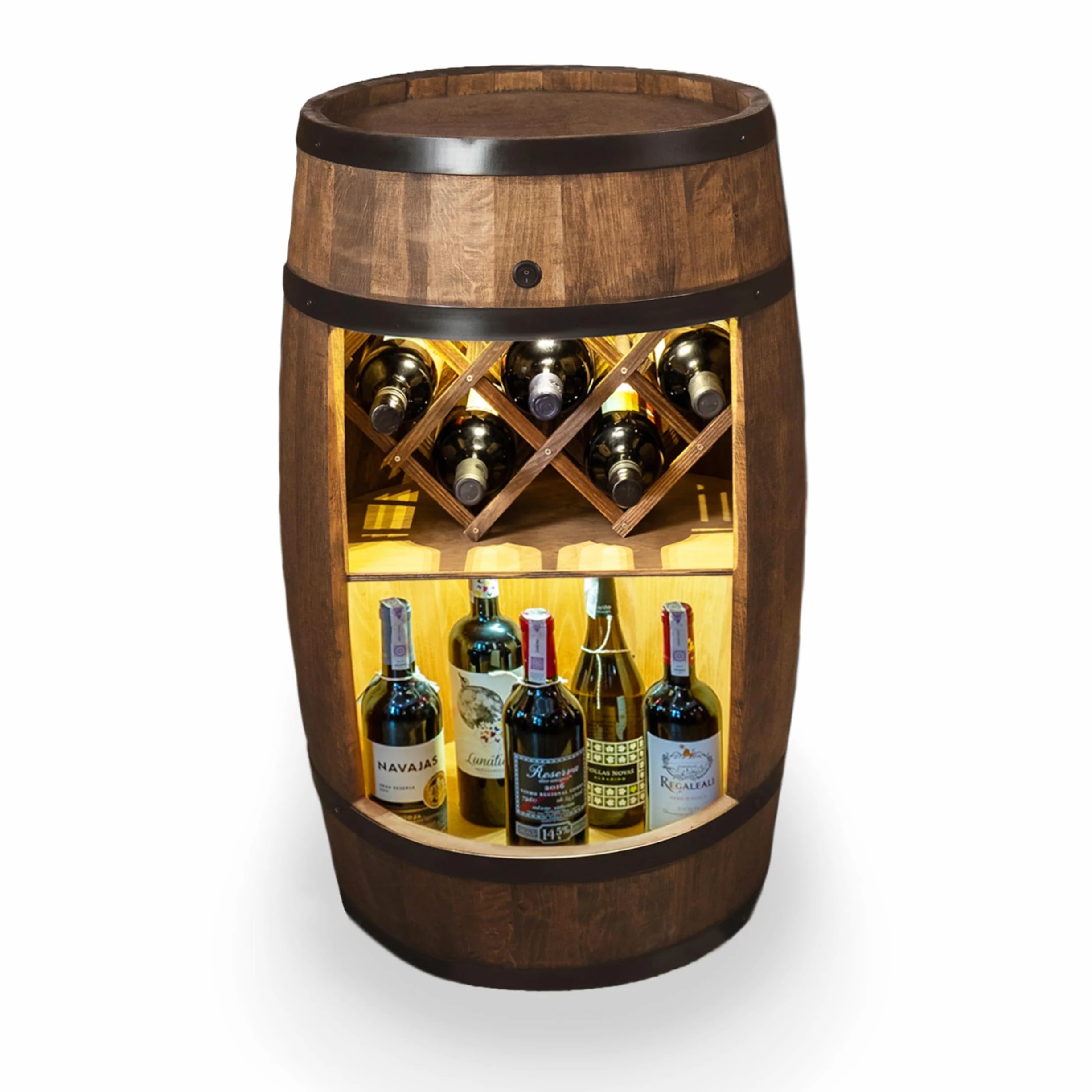 CREATIVE COOPER Barril con soporte para vino – Armario LED – Barril de madera – Bar de casa – 80 x 50 cm – Decoración rústica – Armario (marrón oscuro)