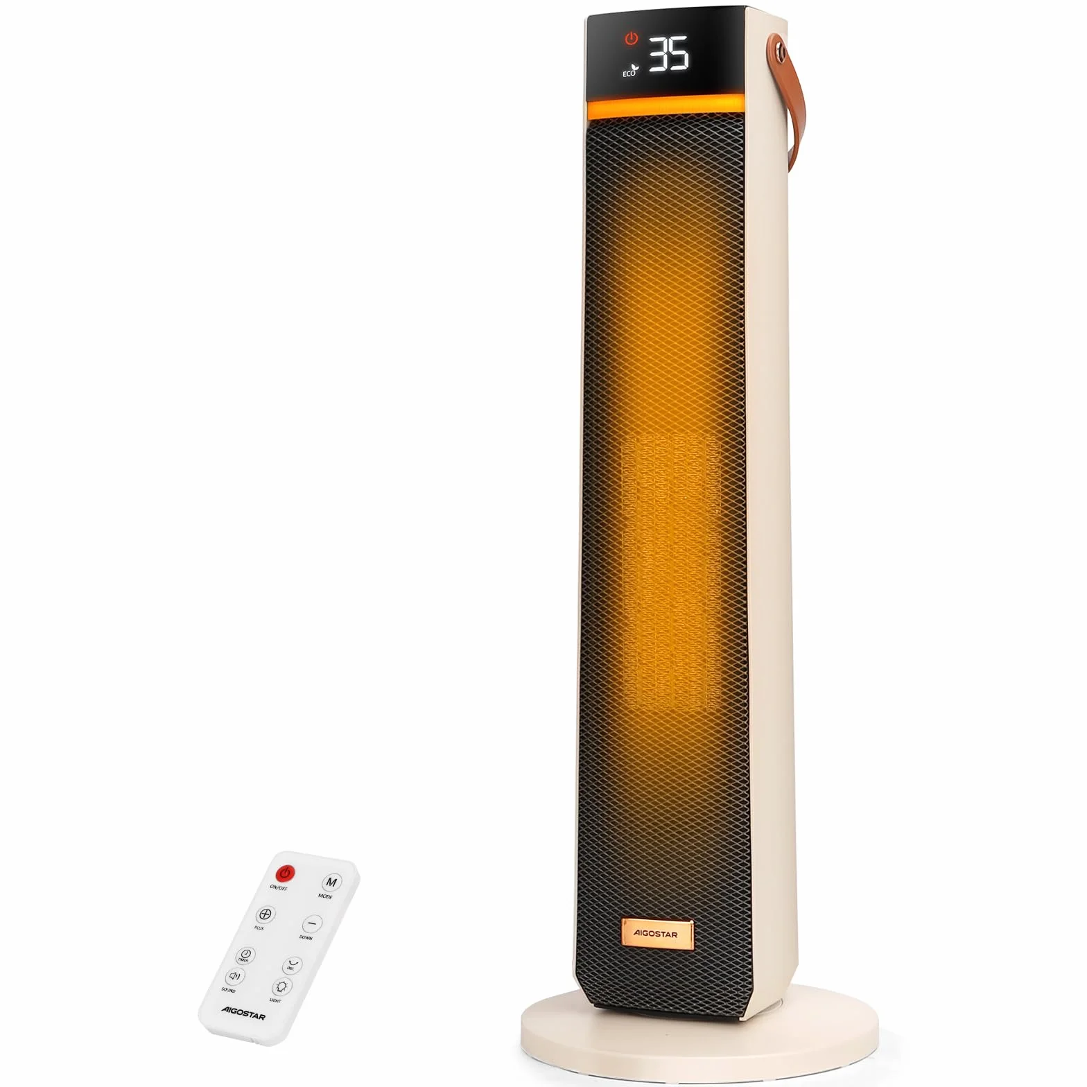 Aigostar Calefactor Cerámico con Luz Nocturna, Mando a Distancia y Pantalla Táctil LED, 2000W, Función ECO, 4 Modos, Silencioso, Temporizador 24H, Temperatura Ajustable 5-35°C, Oscilación y Asa