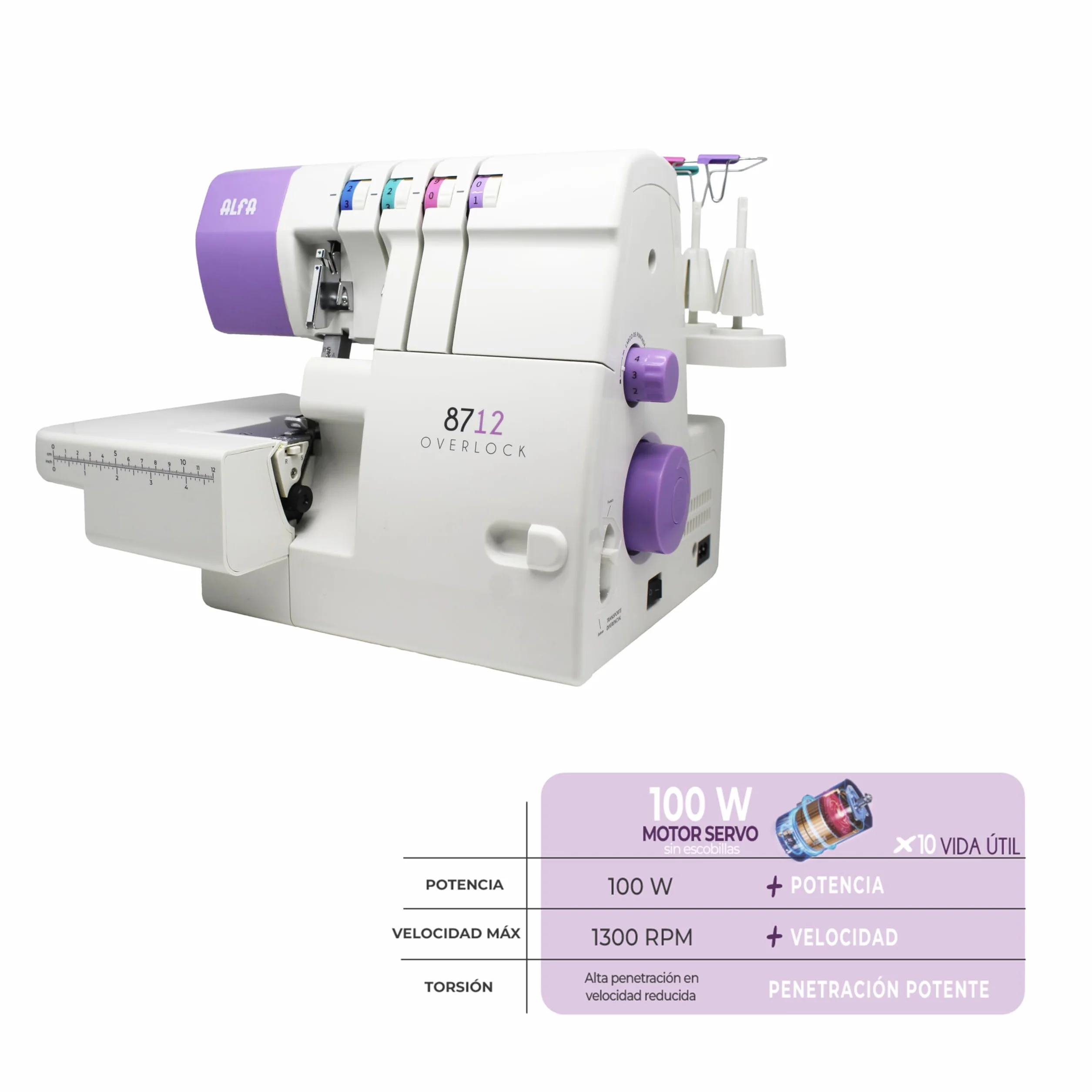 ALFA Remalladora-Overlock doméstica 8712 2/3/4hilos con Motor Servo sin escobillas/Energéticamente eficiente (ahorro de hasta un 70%)1300 ppm/Área de trabajo ampliada