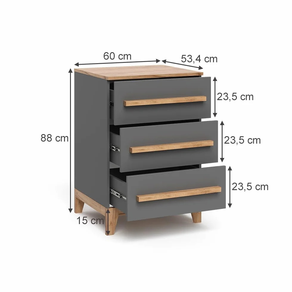 VitaliSpa Aparador Malia, Gris/Artisan, 60 x 88 cm con 3 cajones, Compatible con Otros Muebles de la Serie Malia