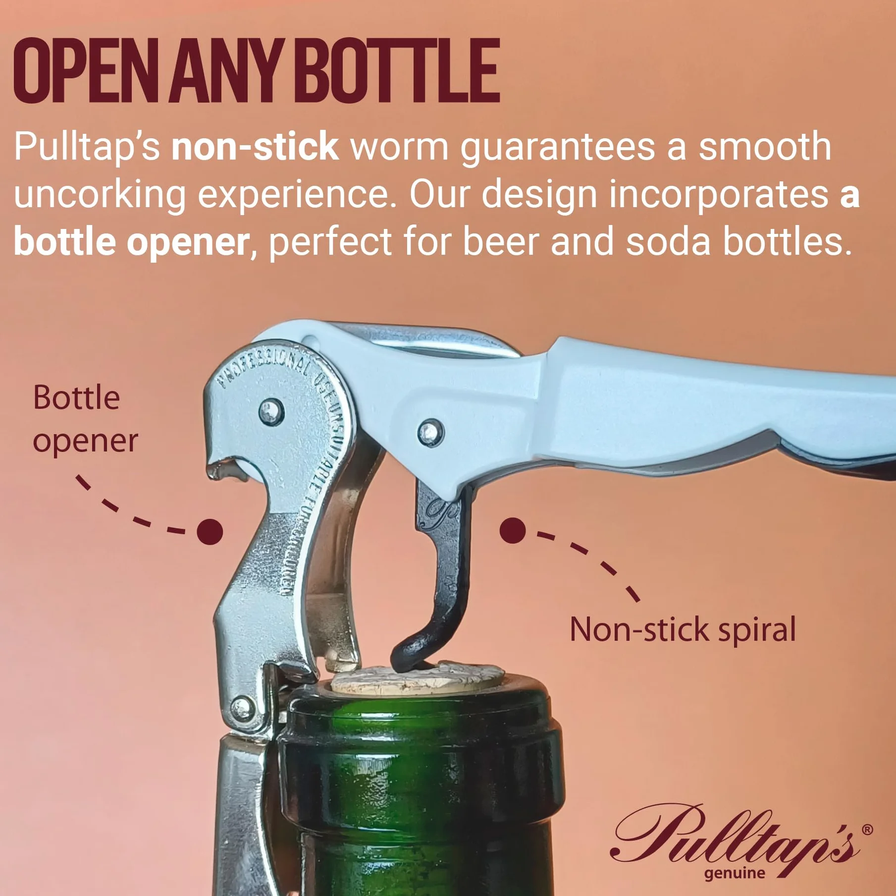 PULLTAP'S GENUINE Abridor de Vino Sacacorchos Profesional Slider 900 Cromado Dorado