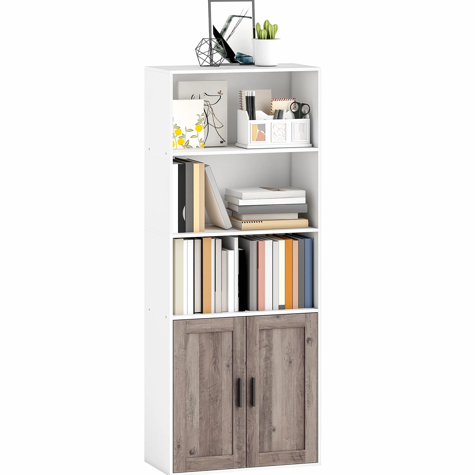 HOMCOM Estantería para Libros Estrecha 60x30x149,5 cm Blanco y Marrón | Librería con Puertas, Estantes Abiertos, Armario con Balda Ajustable, para Salón, Estudio, Oficina