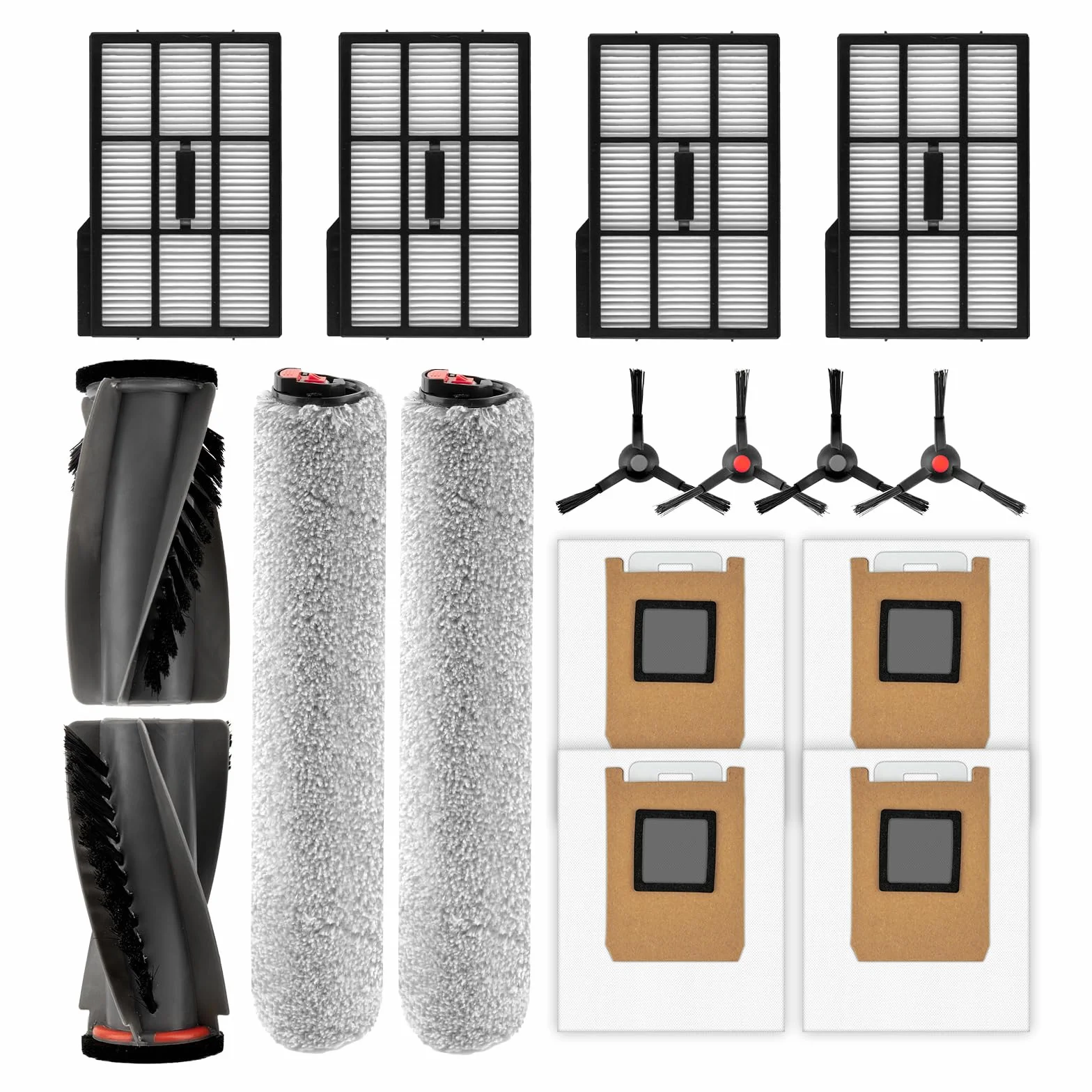 Paquete de 16 piezas de repuesto E28 E25 Omni compatibles con aspiradora robótica Eufy E28 Omni/E25 Omni, 2 cepillos de rodillo, 2 rodillos de cepillo, 4 cepillos laterales, 4 filtros HEPA, 4 bolsas