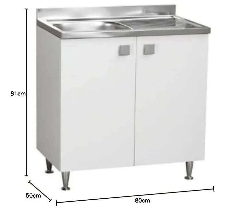 Mueble de Cocina con Fregadero de Acero Inoxidable con bañera Izquierda, 2 Puertas en Fresno Blanco, cm 80x50 H88
