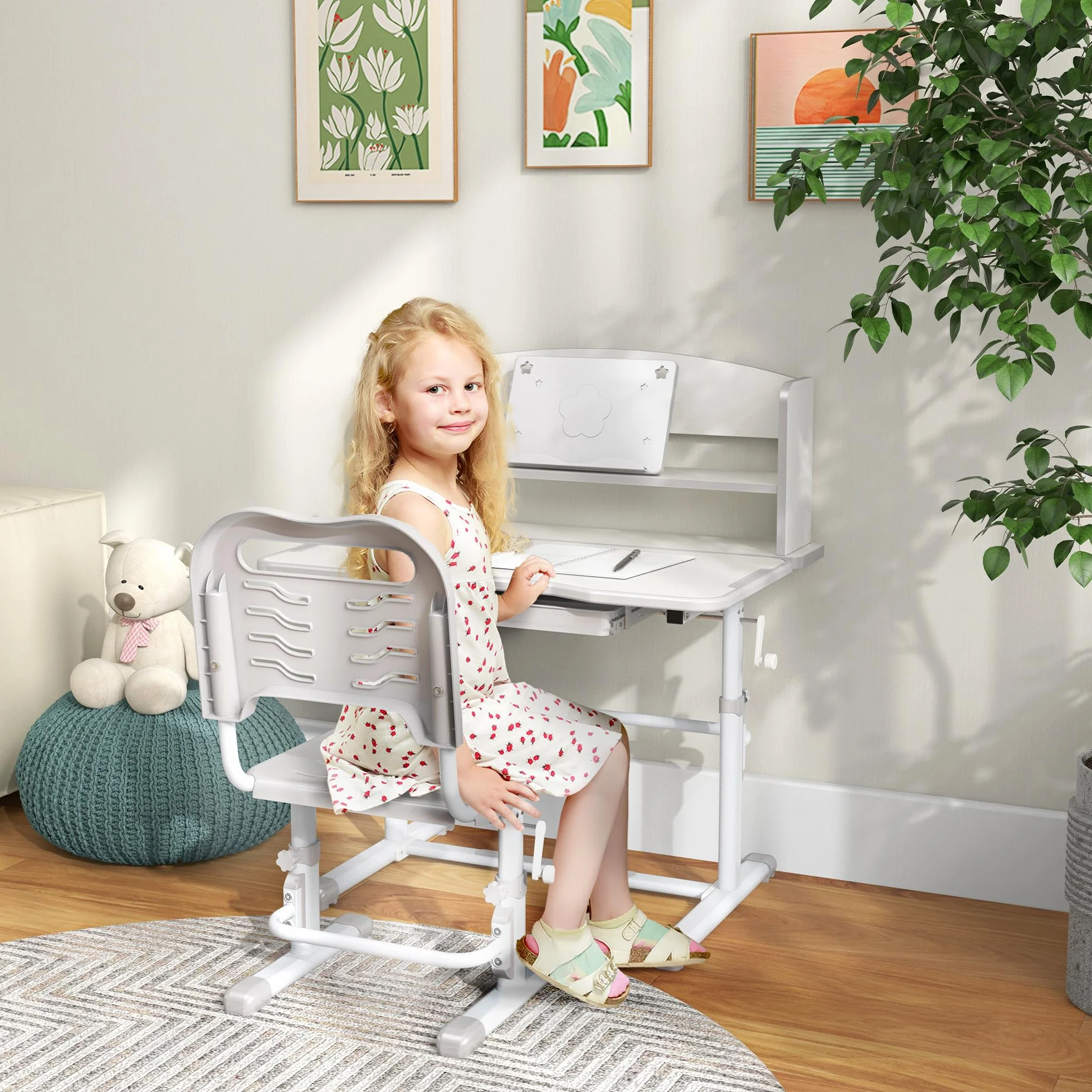 ZONEKIZ Juego de Escritorio y Silla para Niños 6-12 Años Pupitre Infantil Altura Ajustable con Cajón y Estante 80x54,5x82-104 cm Gris Blanco