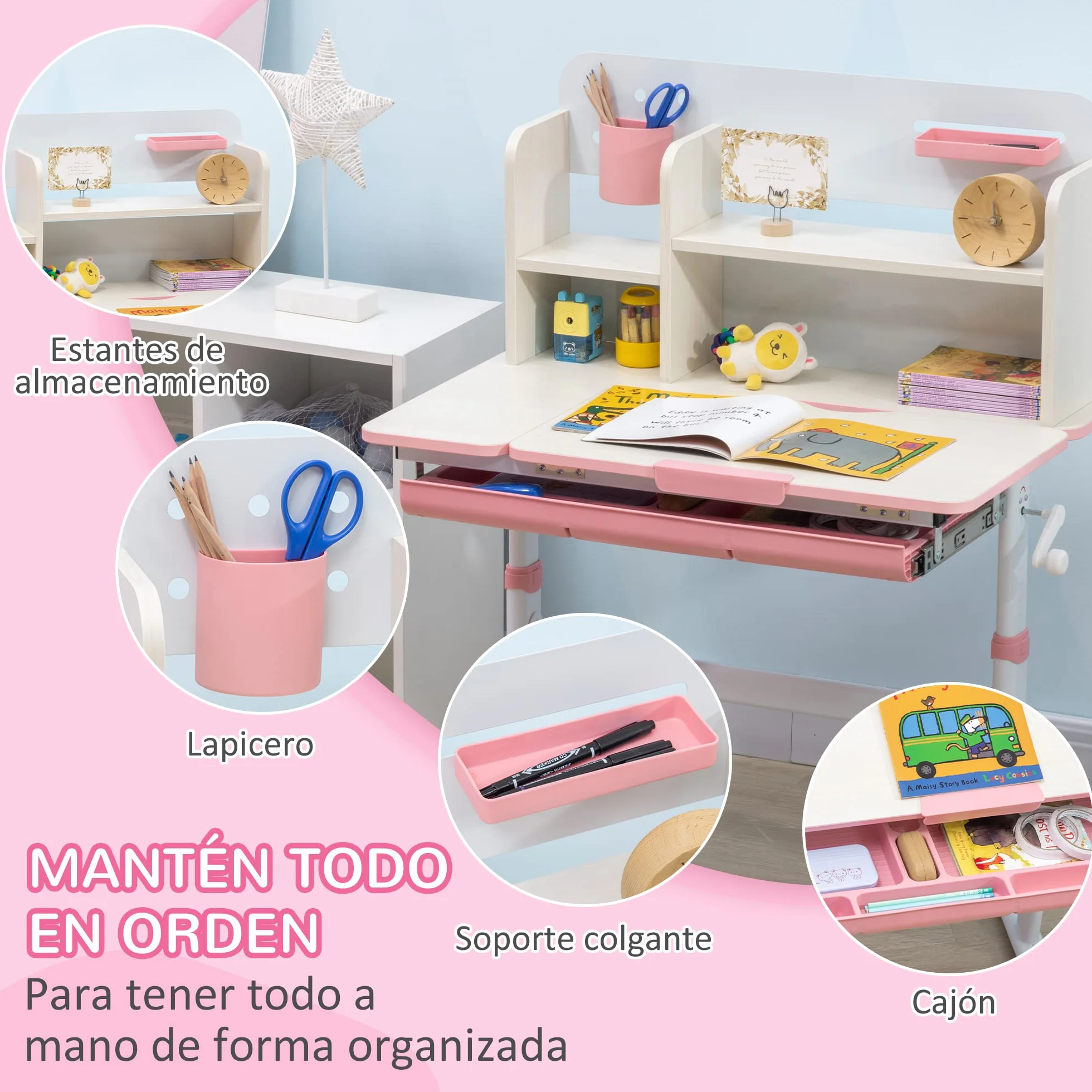 HOMCOM Escritorio y Silla para Niños +3 Años Altura Ajustable Mesa Inclinable Cajón Estantería 80x52x88-109 cm Rosa