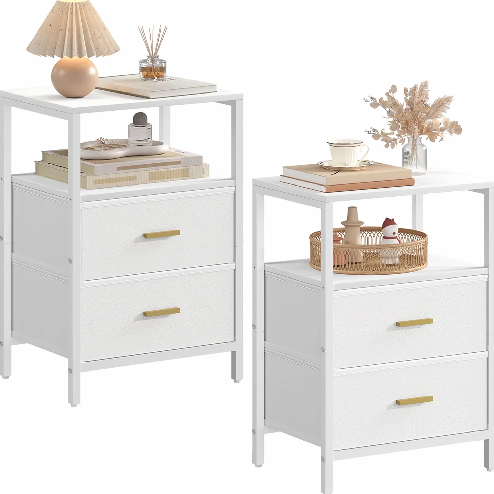 Hzuaneri Mesita de Noche Juego de 2, Mesa Auxiliar con 2 cajones de Tela Plegables, Compartimento Abierto, Mesita de café, Mesita de Noche Dormitorio, para salón, Dormitorio, Blanco NS30713W