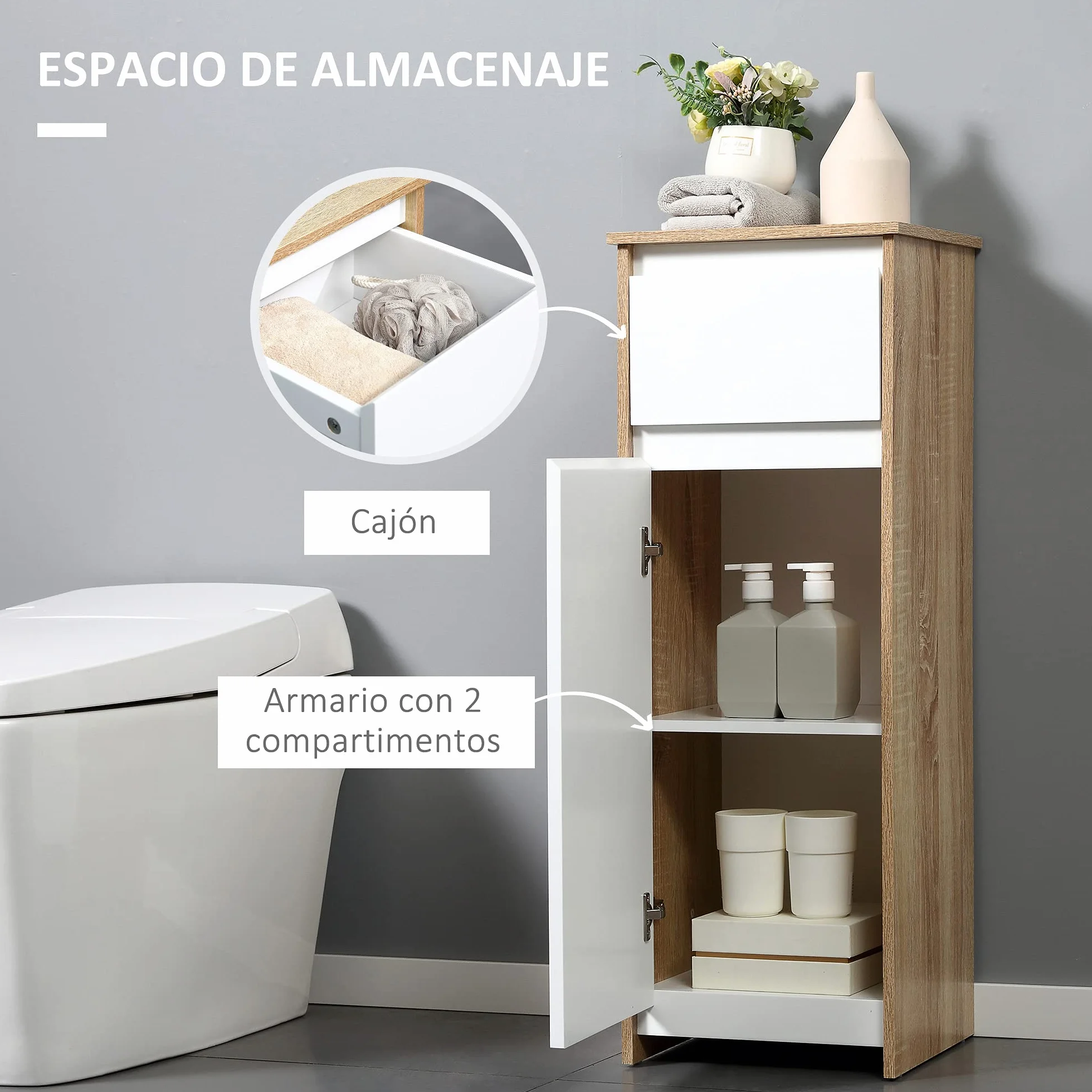 kleankin Armario Auxiliar de Baño con 1 Cajón y 1 Puerta Mueble Auxiliar de Baño para Salón Aseo Dormitorio Estilo Moderno Antivuelco 32,6x30x90 cm Blanco y Natural