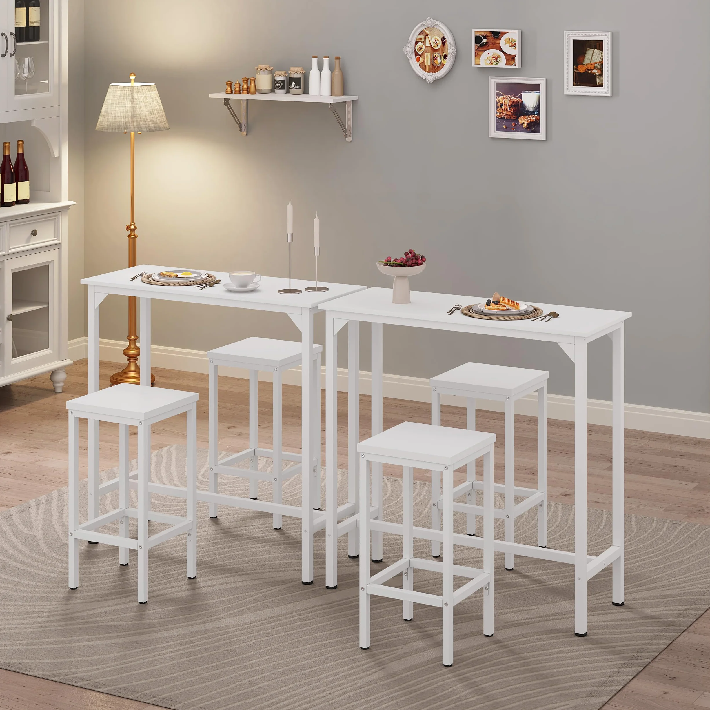 EUGAD Set Mesa de Bar y 2 uds, Taburete de Bar Muebles Cocina Silla de Comedor para Salon Cocina Mesa 100x40x100 cm Estructura de Metal, Blanca