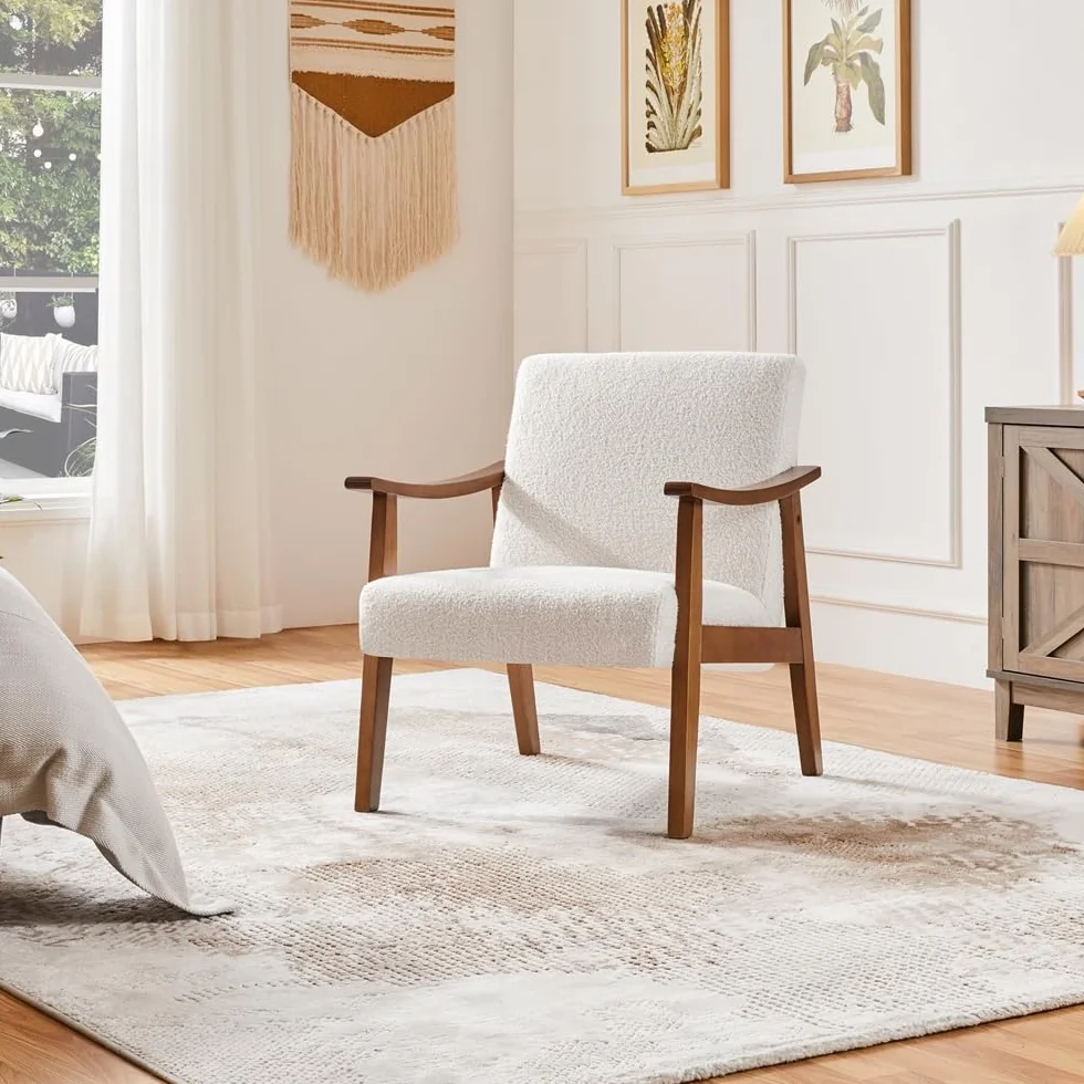 Yaheetech Butaca de Salón Tapizado en Bouclé Sillón Individual con Respaldo Acolchado y Reposabrazos de Madera Maciza Sofá Individual Ergonómico Soporte 136 kg Blanco