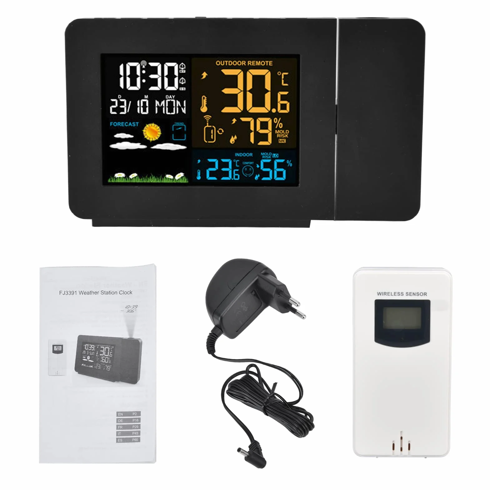 CHICIRIS Reloj Despertador Digital con Proyección para Dormitorio Estación Meteorológica Inalámbrica Termómetro Higrómetro Interior Exterior 7 Idiomas Alarma Dual