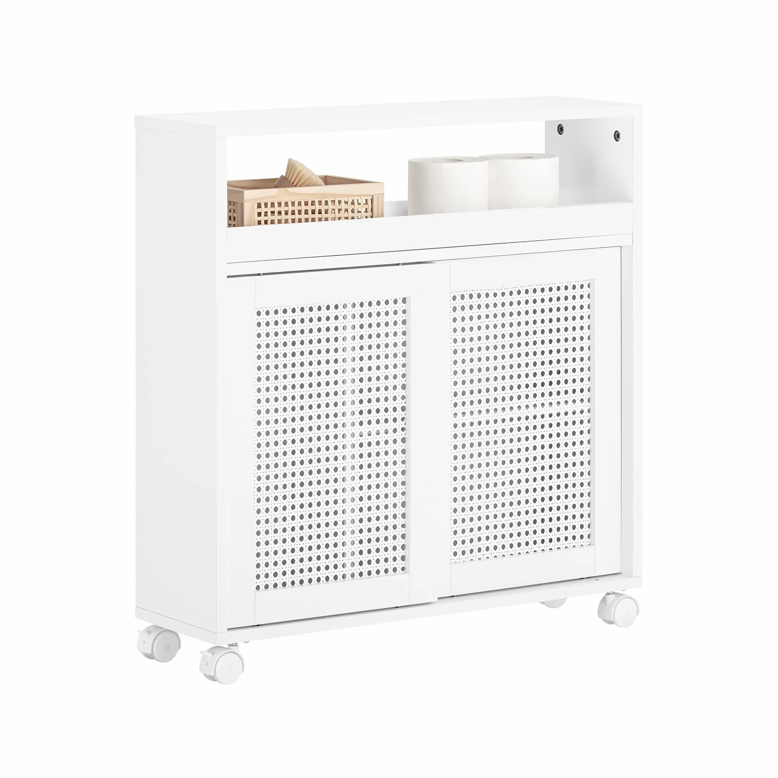 SoBuy Mueble de Baño Estrecho con Ruedas y Estantes Ajustables 20x70x65 cm | Armario Móvil Multifunciona, Almacenaje para Papel Higiénico – Mueble Auxiliar de Baño de Madera, Blanco, BZR119-W