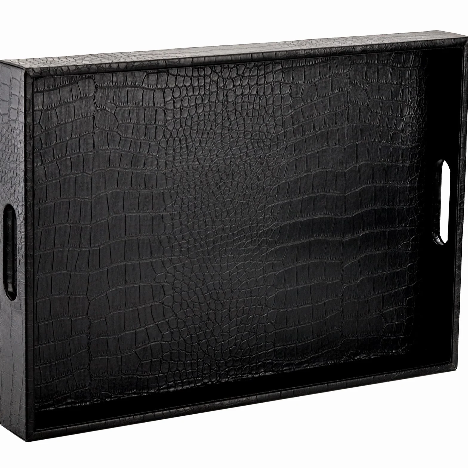 Lyellfe Bandeja de servir negra con asas, piel sintética de cocodrilo | Bandeja otomana rectangular decorativa de 17 x 12 pulgadas para mesa de café, sala de estar, cama o tocador