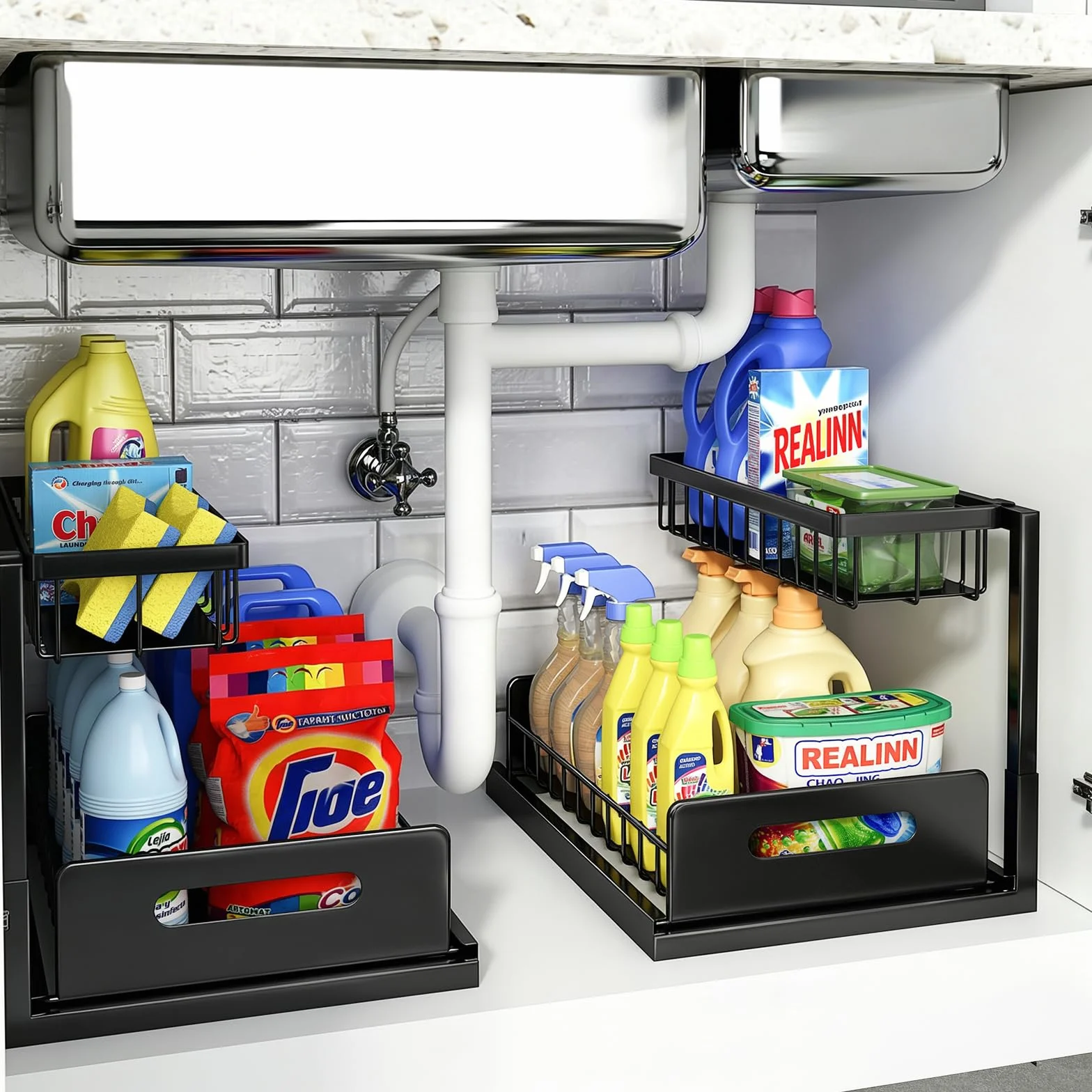 REALINN Organizador para Debajo del Fregadero, Organizador de gabinete extraíble, Estante Deslizante, estantes de Almacenamiento, Almacenamiento para Cocina y baño, Negro, Paquete de 2