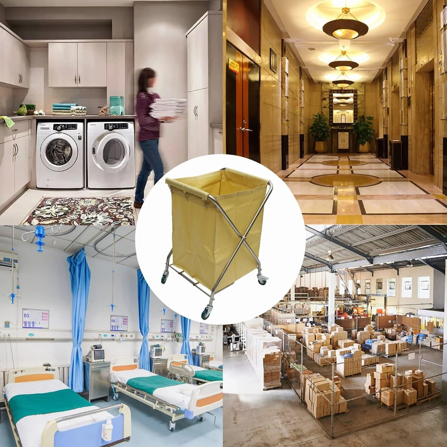 FQMYLTYN Carrito de Lavandería Plegable con Ruedas, Cesta de Lavandería Comercial Resistente y Plegable con Bolsa de Lona Desmontable para Hoteles, Hospitales y Hogares, 60x60x89cm(Blue)