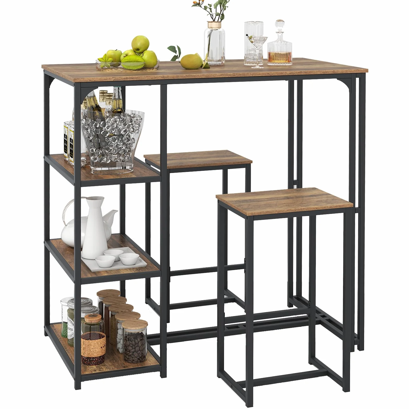 COSTWAY Juego de Mesa y Taburetes de Bar, 110x60x110 cm, Mesa Alta de Cocina con 2 Taburetes, 3 Estantes, Marco de Metal, Marrón