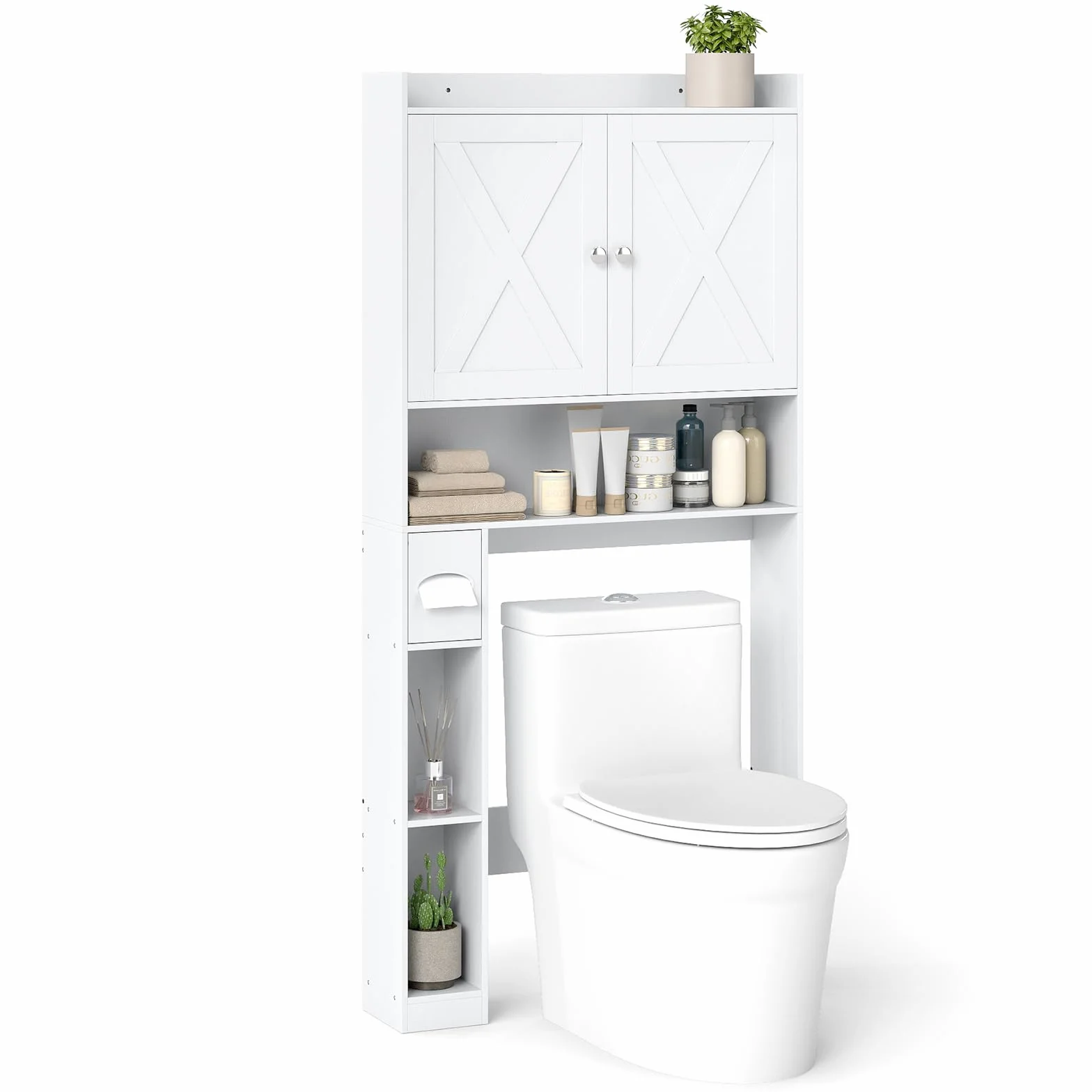 COSTWAY Armario de Almacenamiento sobre Inodoro, Estantería Organizadora con Doble Puerta, Portarrollos de Papel Higiénico y Estante Ajustable, Mueble Independiente para Baño Lavadero (Blanco)