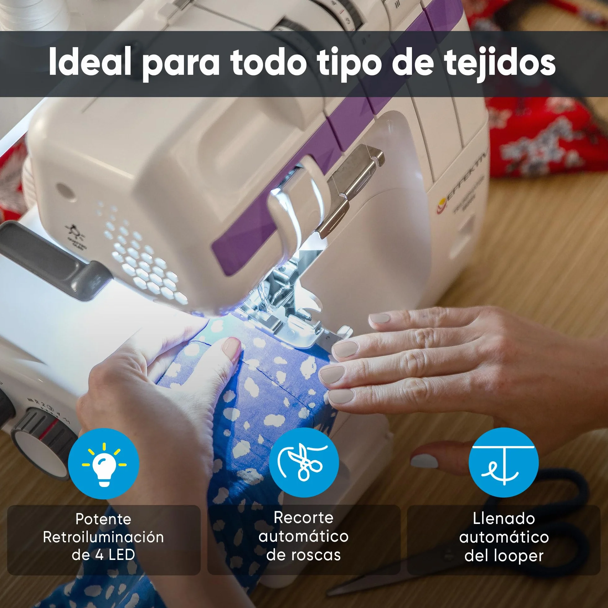 EFFEKTIV Remalladora Overlock 1800X, Máquina Overlock 3/4 Hilos con Diferencial, Enhebrado Automático, 1300 Puntadas/min, Plataforma de Manga