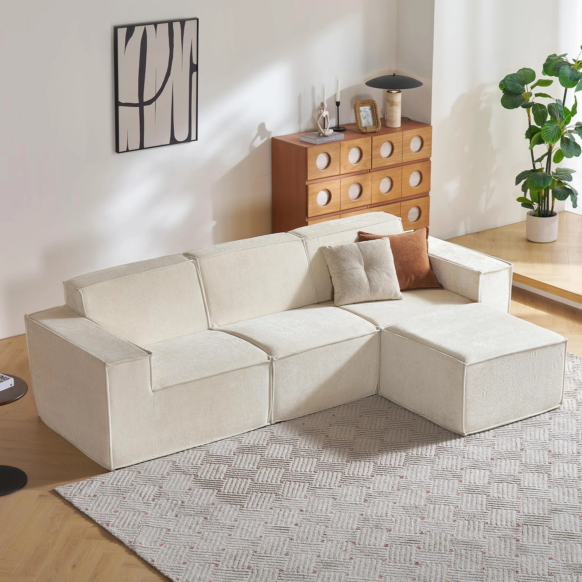 LINSY HOME Sofá de Esquina con función de Dormir - Sofá Cama Modular de 266 cm, sofá en Forma de L, sofás seccionales para salón, no Requiere Montaje (Chenilla, Blanco, 3 plazas con otomana)