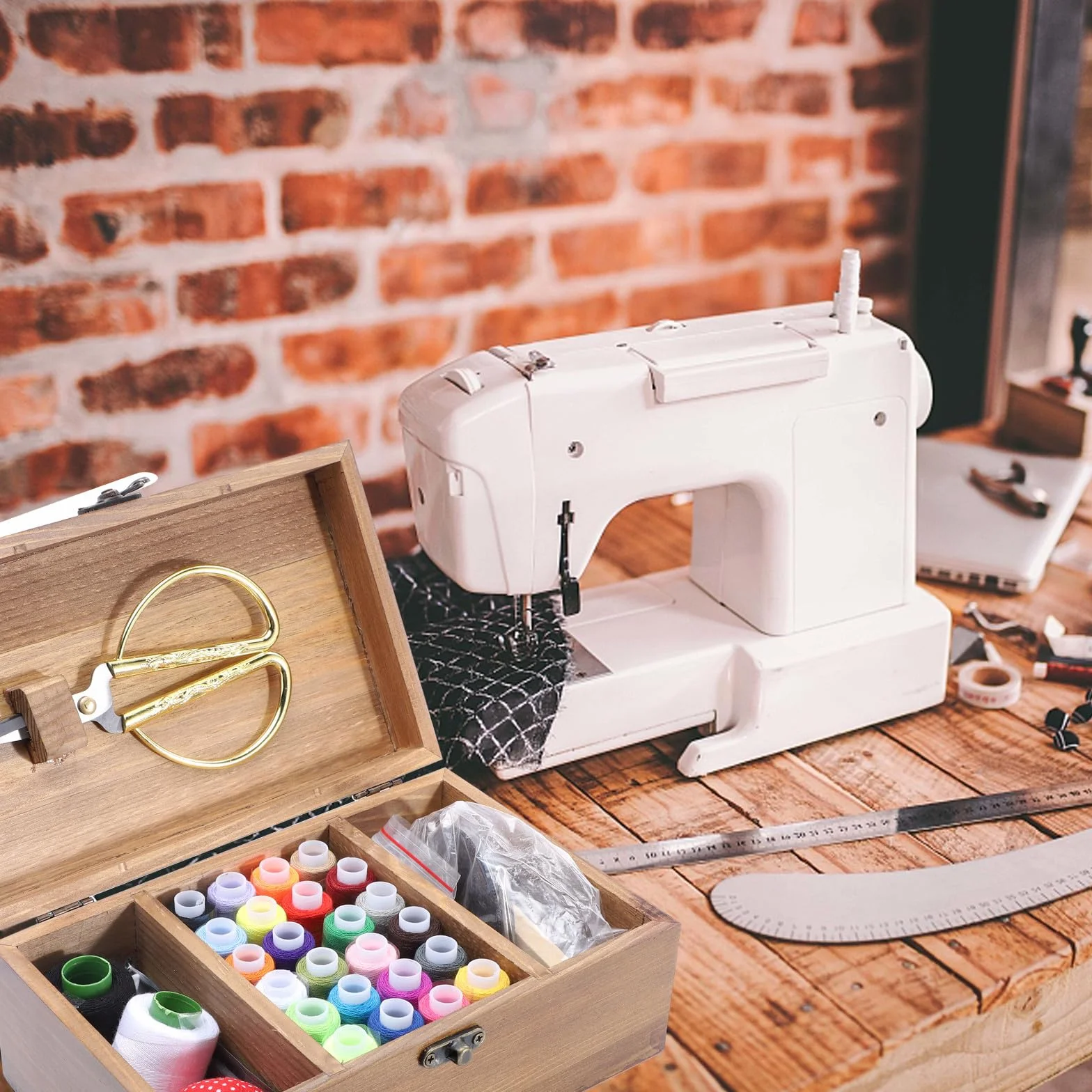 Veemoon Caja de Herramientas y Tijeras Retro de Costura de Madera Gran Capacidad, Ecológica y Práctica Incluye Accesorios como Agujas, Hilos para DIY