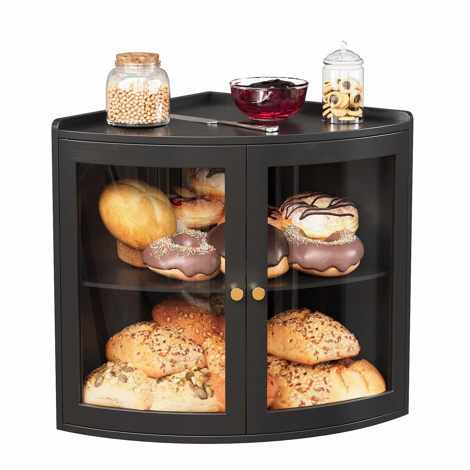 VEDECASA - Panera de bambú de esquina para la cocina, panera de dos pisos con gran espacio de almacenamiento y puerta transparente de acrílico, panera que ahorra espacio para la encimera, negro