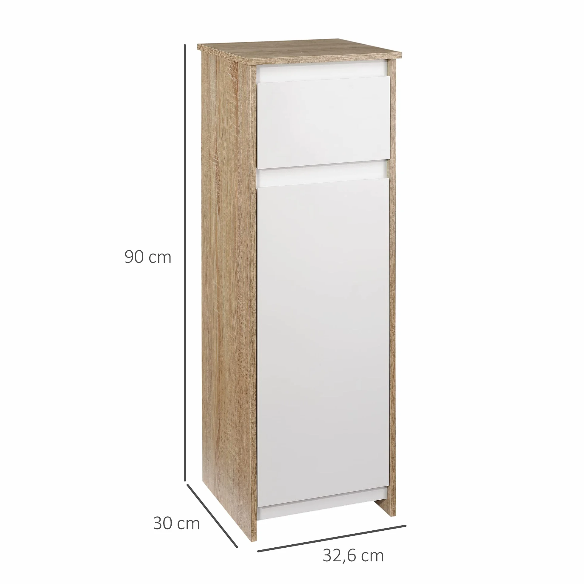 kleankin Armario Auxiliar de Baño con 1 Cajón y 1 Puerta Mueble Auxiliar de Baño para Salón Aseo Dormitorio Estilo Moderno Antivuelco 32,6x30x90 cm Blanco y Natural