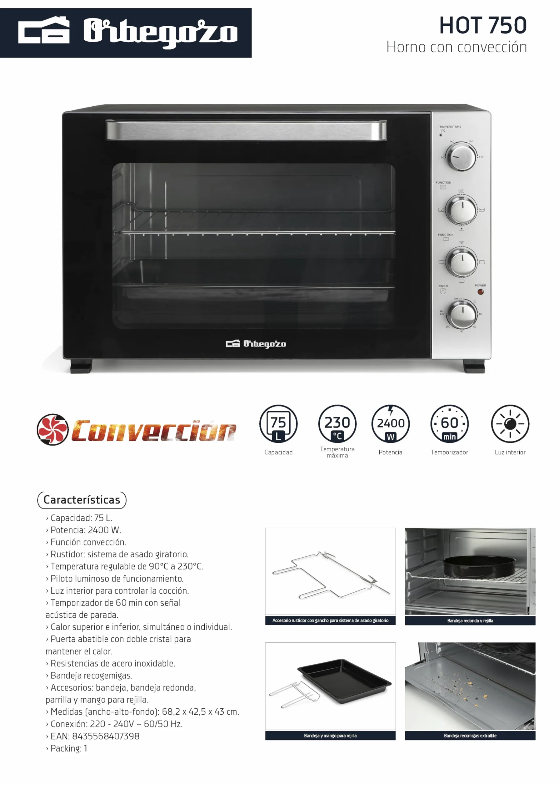 Horno de sobremesa Orbegozo HOT 750, 75 Litros, 2500 W, Dimensiones: 68,2 x 42,5 x 43 cm, Rustidor: sistema de asado giratorio.