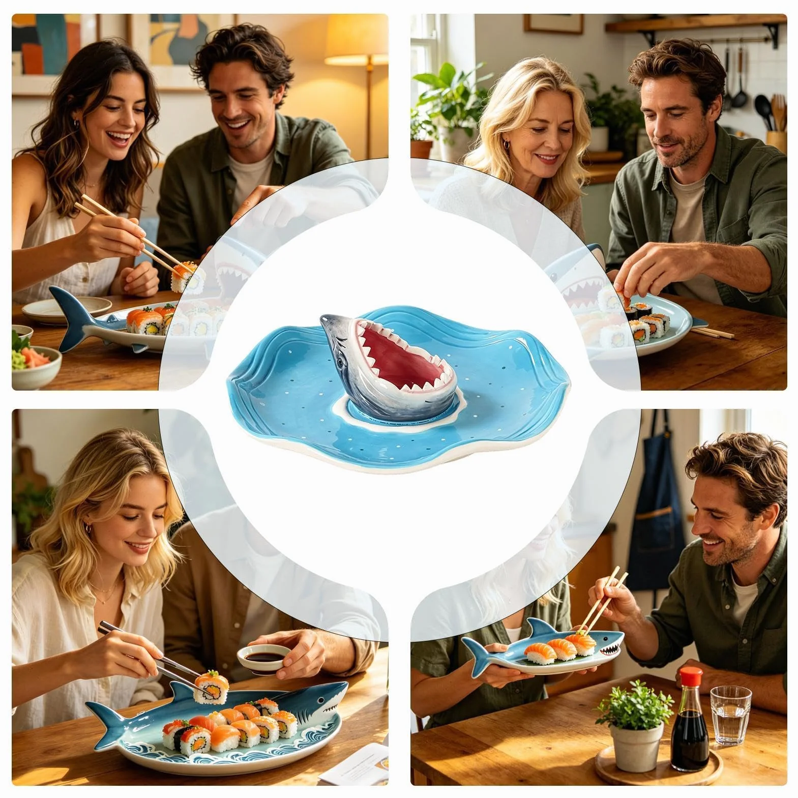 Fuente de Tiburón para Servir Plato de Cerámica Pintado a Mano para | Plato temático océanos para Charcutería, Pescado, Mariscos, Gambas, Salsa, Taco, Pulpo,