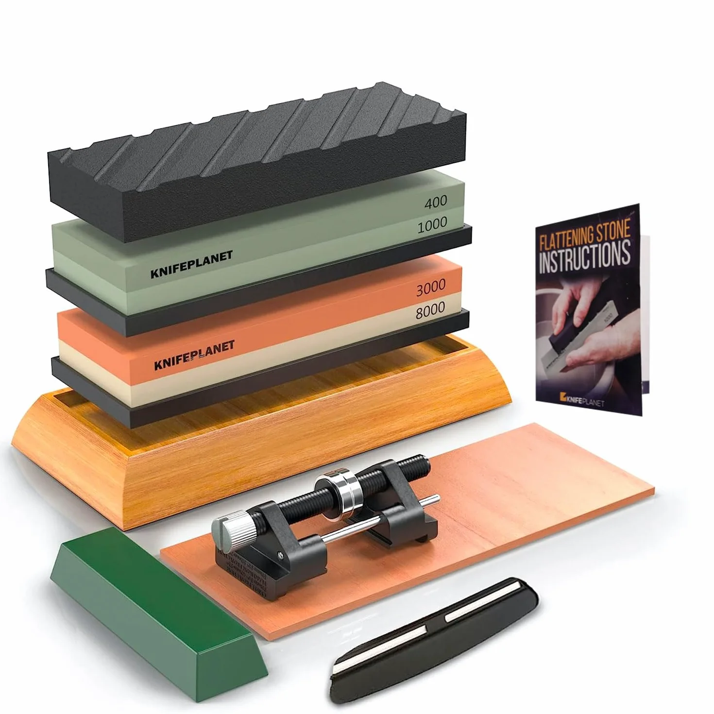 KNIFEPLANET afilado de cuchillos de piedra conjunto 400/1000 y 3000/8000-grit profesional, seguro afilador de cuchillos conjunto whetstone juego incluye aplanamiento de piedra