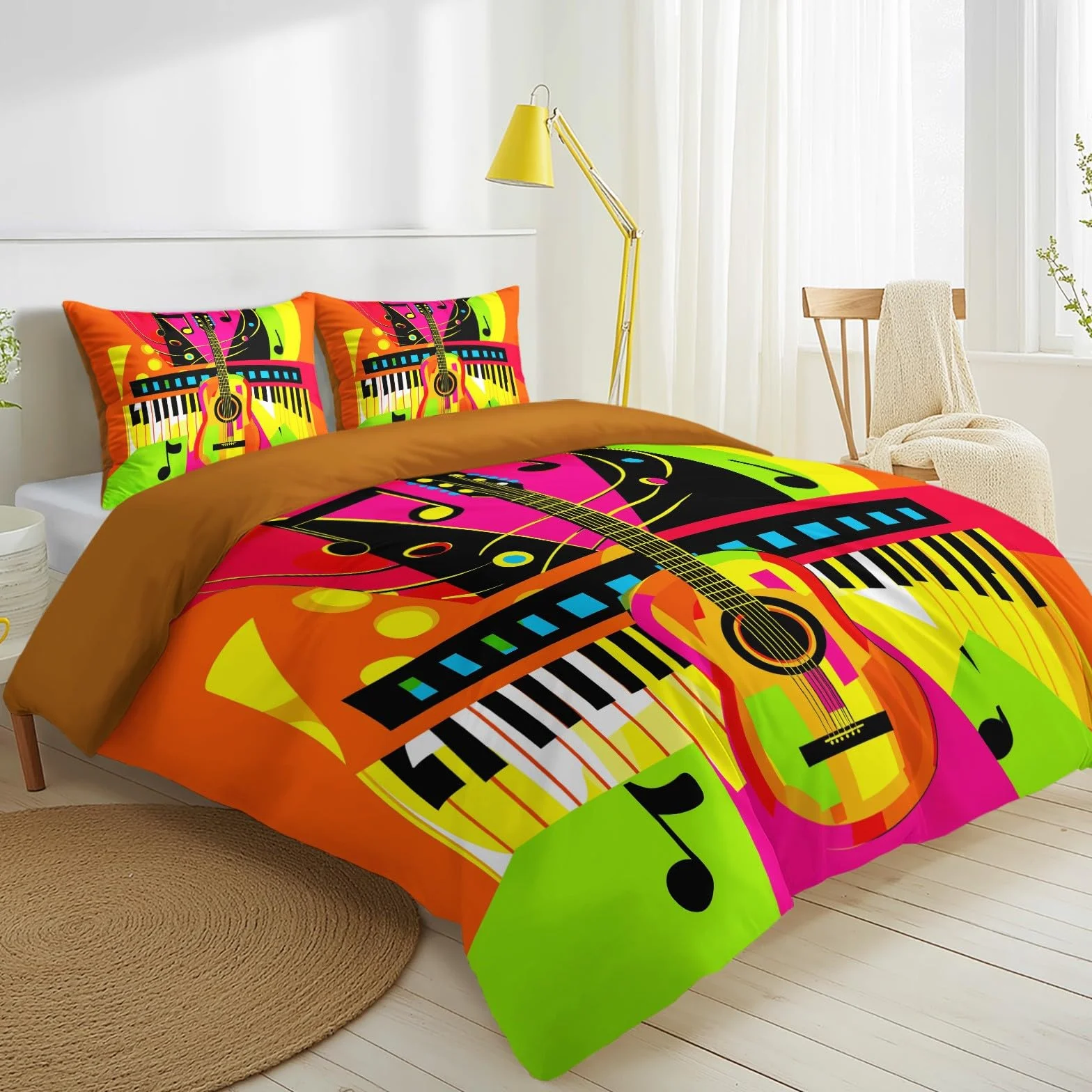 Rock Music Ropa de cama de 200 x 200 cm, 3 piezas, juego de funda nórdica – Pop Art guitarra piano partituras suave microfibra reversible ropa de cama con 2 fundas de almohada, naranja