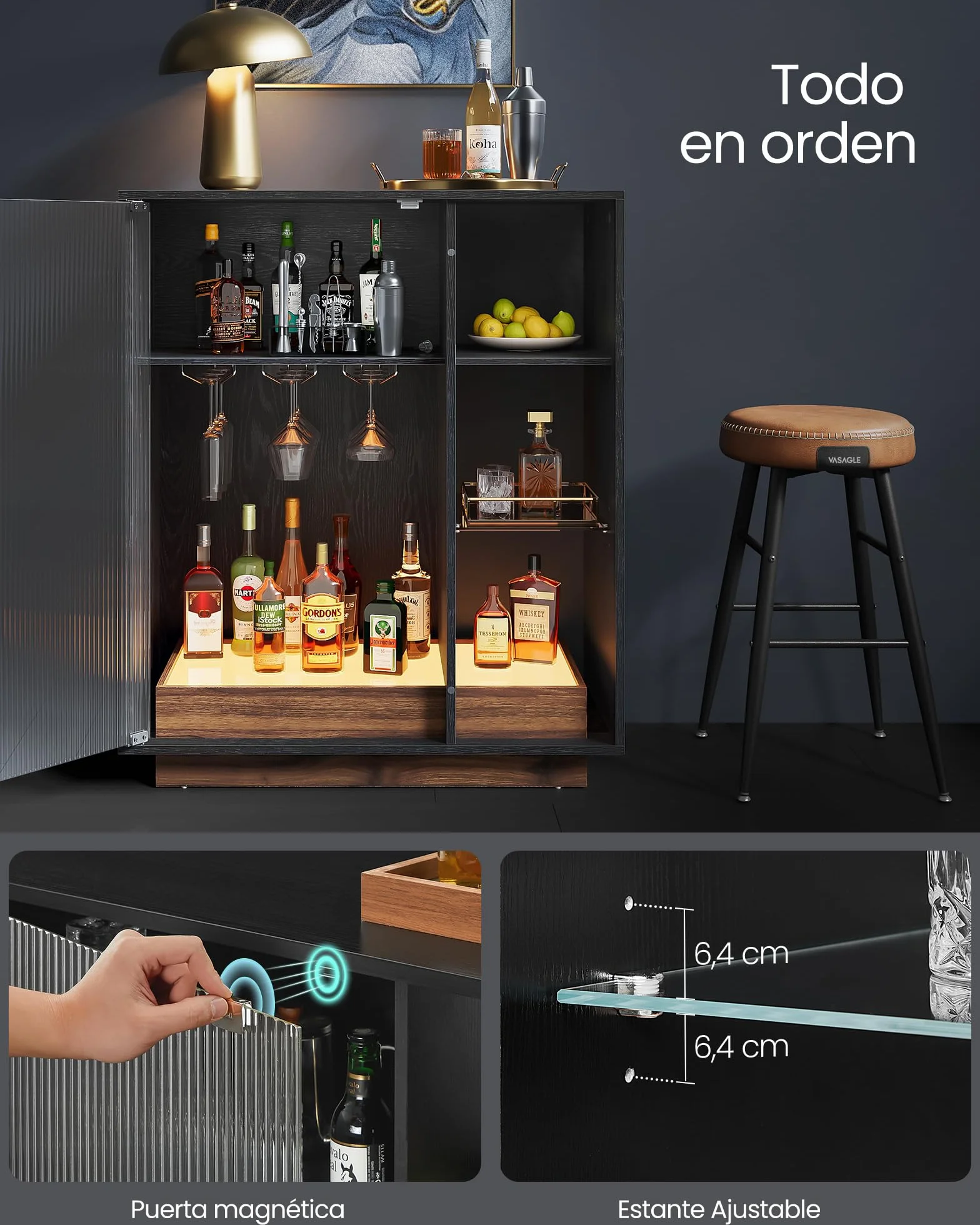 VASAGLE Aparador, Armario Bar Vino con Luces LED, con Almacenaje para Vino, Bar Café Licor, con Portavasos, Puerta de Vidrio Acanalado, para Sala de Estar, Negro Ébano BBK361B21