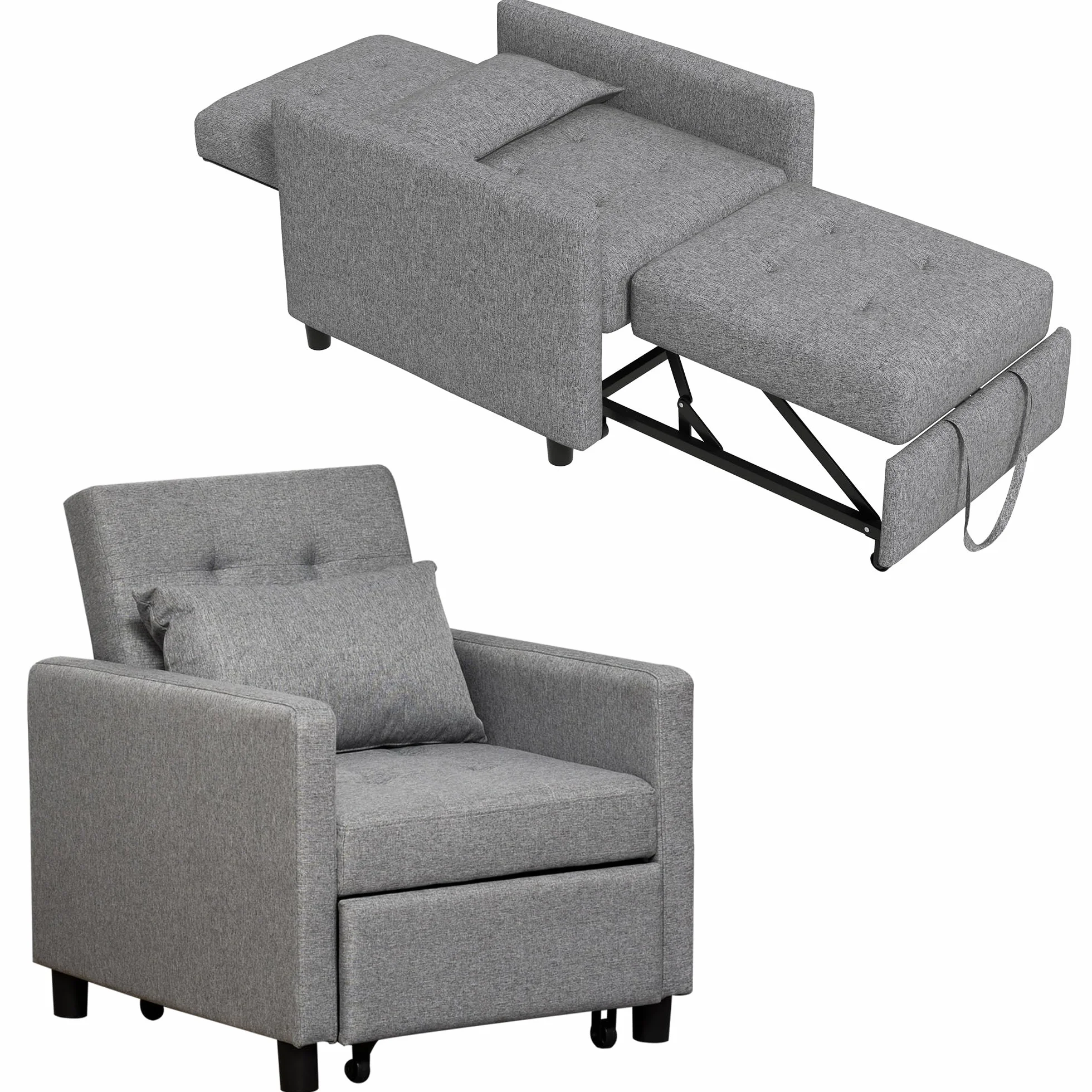 HOMCOM Sofá Cama de 1 Plaza 3 en 1, Sillón Cama Tapizado en Lino, con Respaldo Ajustable de 3 Niveles, Almohada Acolchada, para Oficina, Dormitorio, Salón, 69x82,5x84 cm, Gris