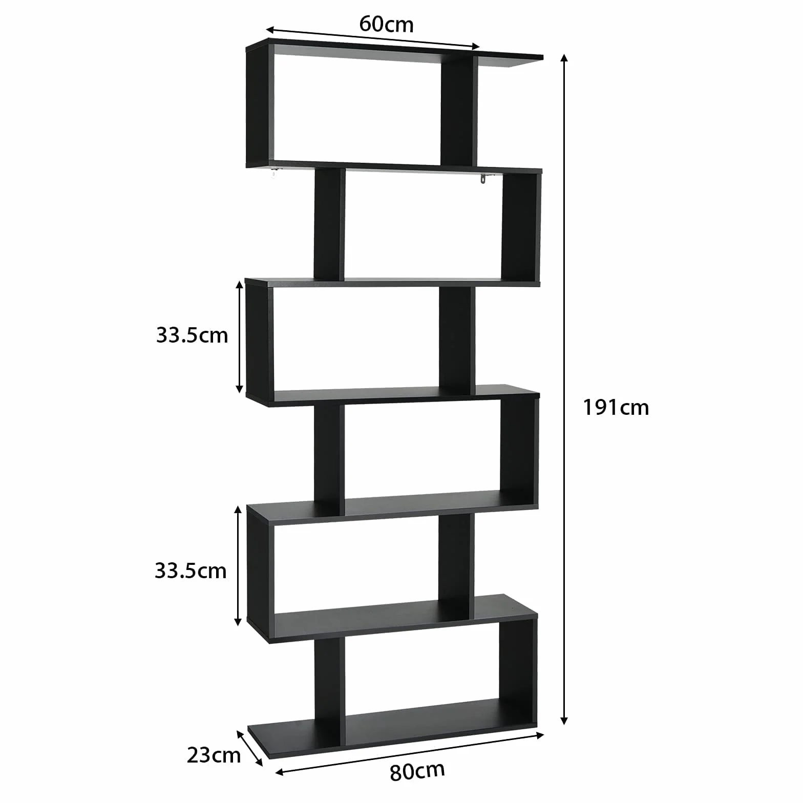 GIANTEX Librería en Forma de S, Estantería para Libros con 6 Estantes, 80 x 23 x 191 cm, Estantería de Almacenamiento Multifuncional, Diseño Antivuelco, para Salón, Estudio (Negro)