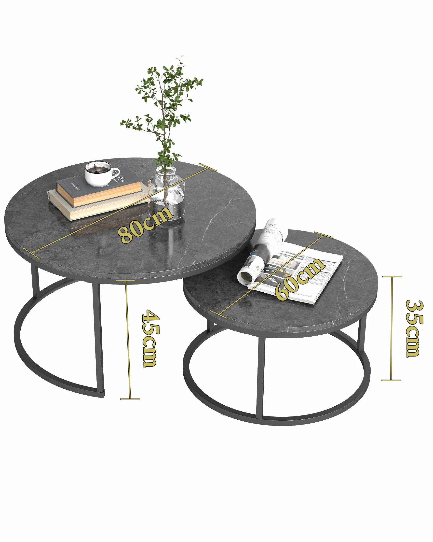 Mesa de Centro Redonda Moderna 2 Piezas 80+60 cm, Mesas Auxiliares para Salón Efecto Mármol Gris y Estructura Metálica Gris Mesa Centro Salon Elegante para Muebles de Salón