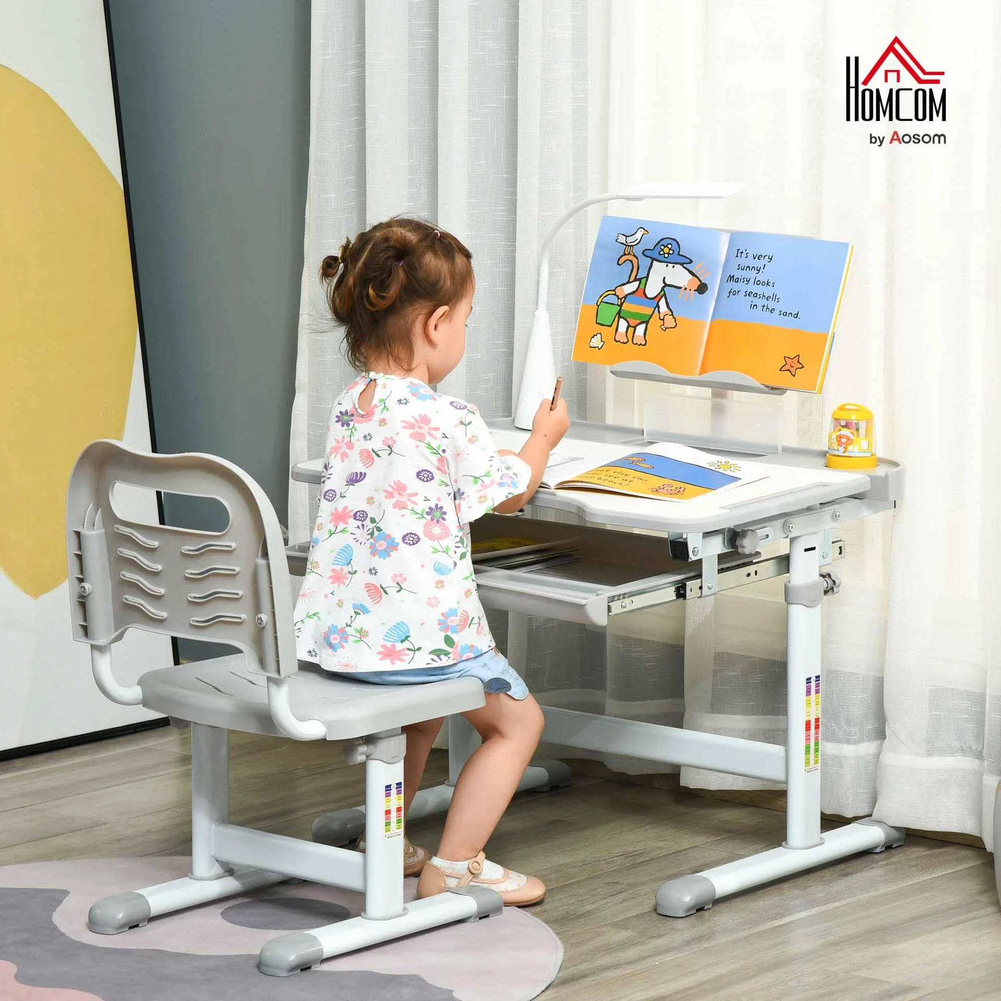 HOMCOM Juego de Escritorio y Silla para Niños +6 Años Pupitre Infantil Altura Ajustable Mesa Inclinable Gris