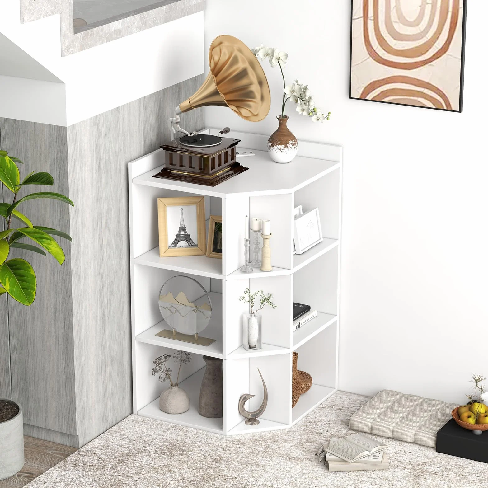 GIANTEX Librería Esquinero de 3 Niveles, Estantería de Almacenamiento con 9 Compartimentos Abiertos, 51 x 71,5 x 86 cm, con Puertos de Carga, Librería Triangular para Salón, Estudio (Blanco)
